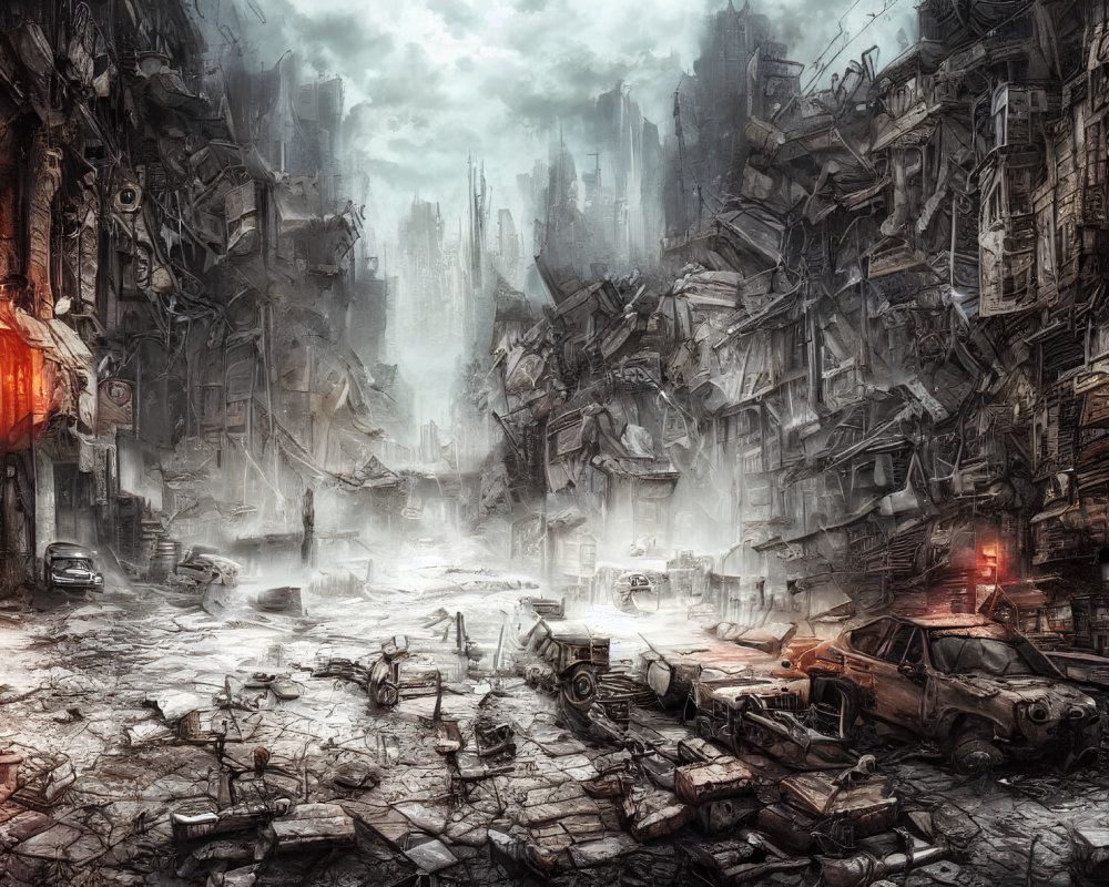 Dystopian cityscape with dilapidated buildings and debris-strewn streets