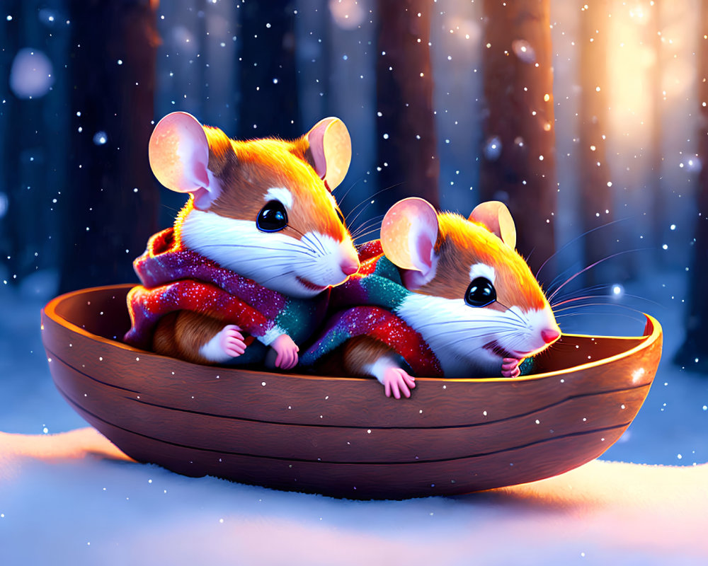 Illustrated mice in colorful scarf inside snowy forest bowl