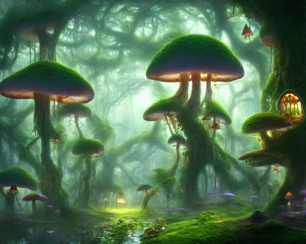 Enchanted forest with oversized glowing mushrooms and lantern lights