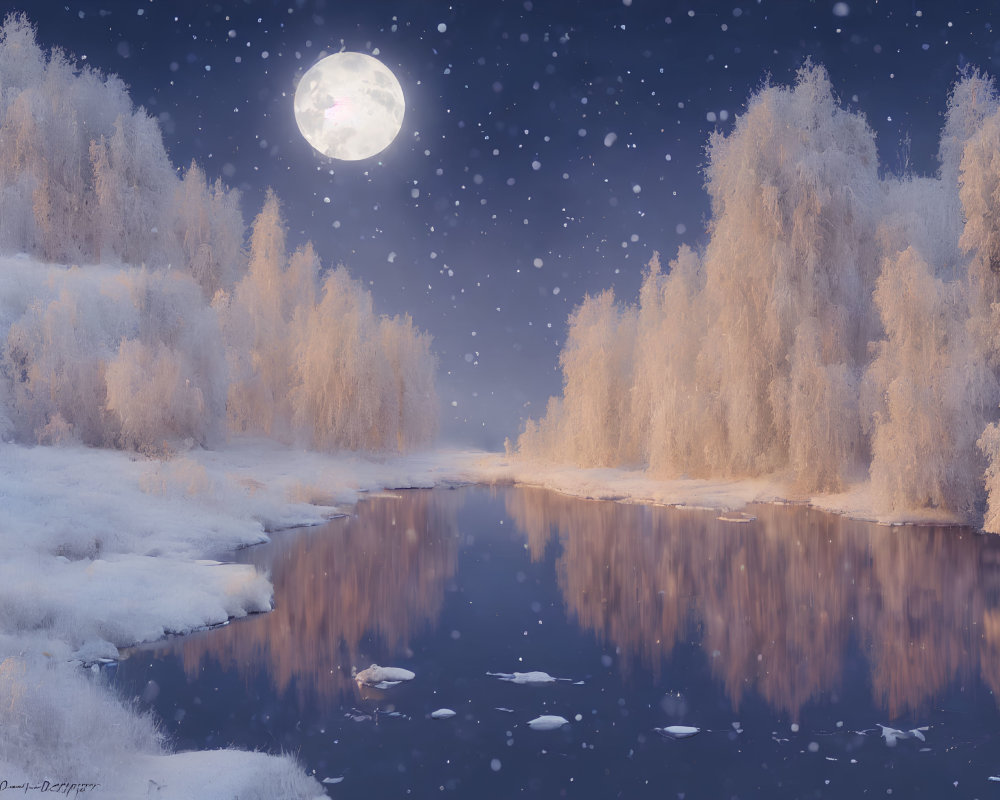Snow-covered landscape under full moon on serene winter night