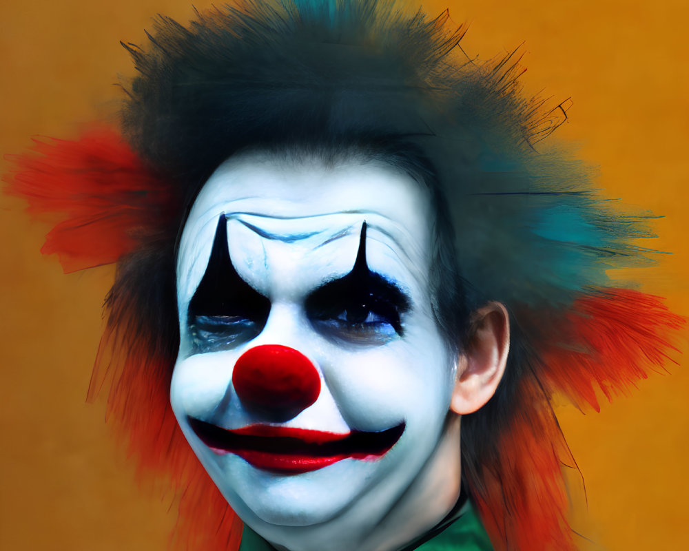 Colorful clown makeup on person against orange background
