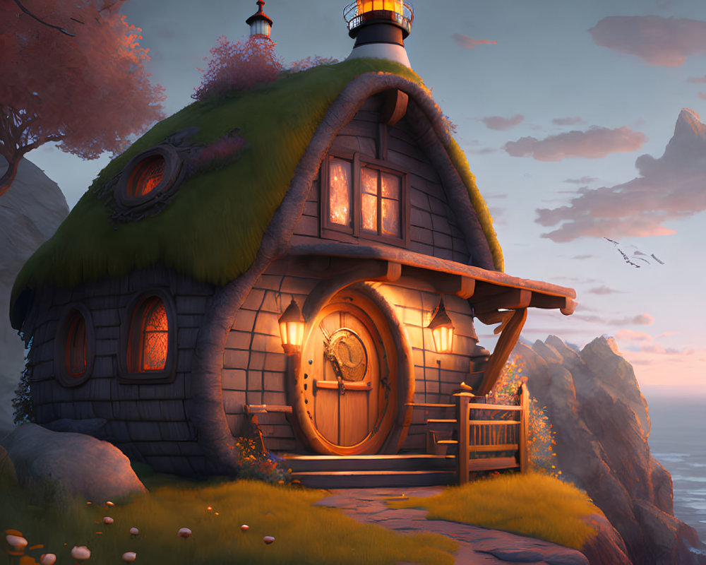 Charming thatched roof cottage with round door by cliffside at twilight