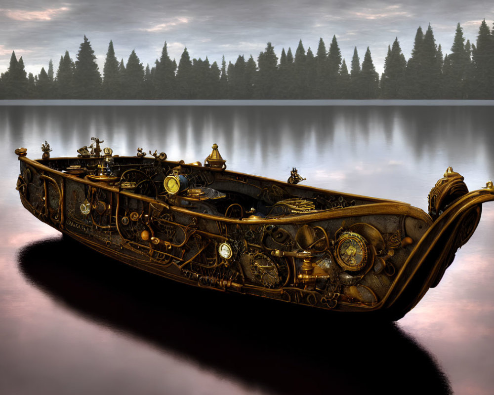 Steampunk-style boat with gears on calm lake at dusk