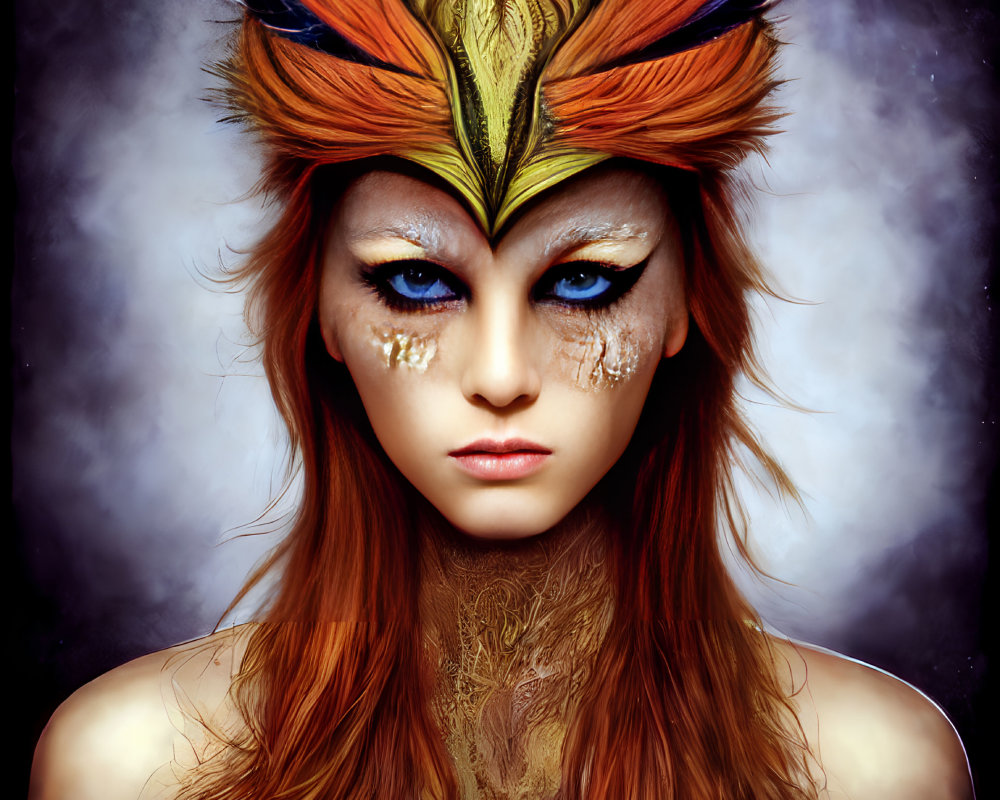 Person wearing vibrant feather headdress with intense blue eyes and gold leaf makeup on dark background