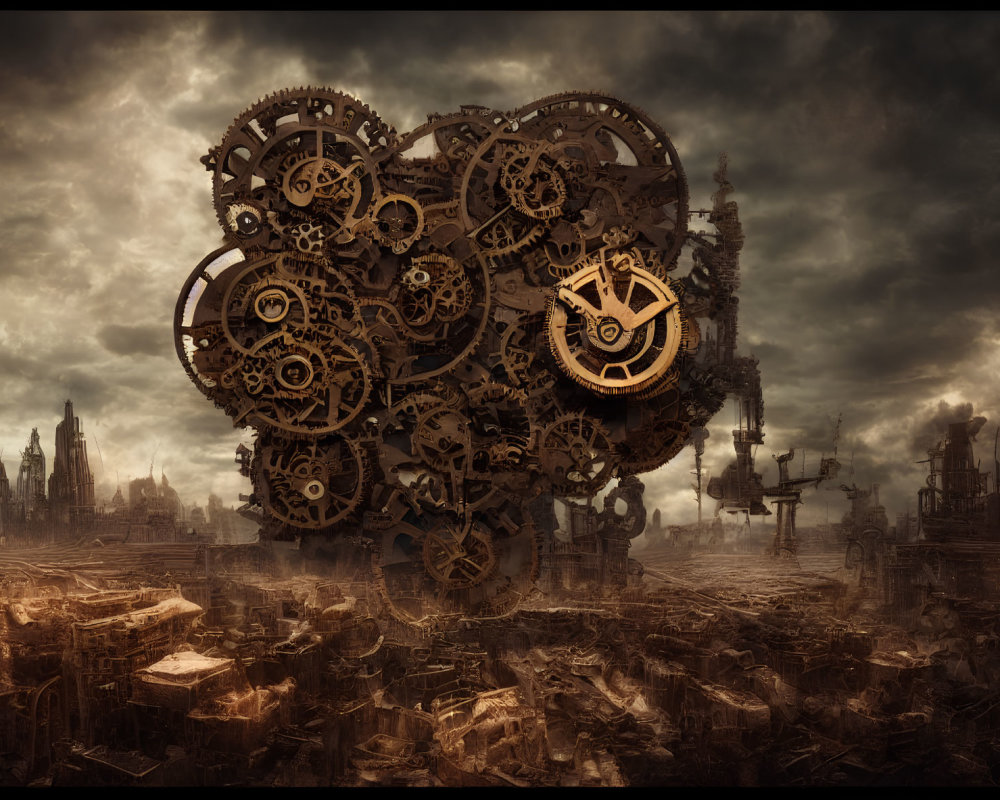 Dystopian landscape with cogwheel clouds, ruins, and industrial towers