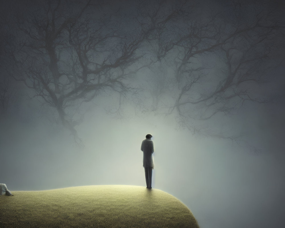 Solitary figure on grassy hill under bare tree canopy in foggy light