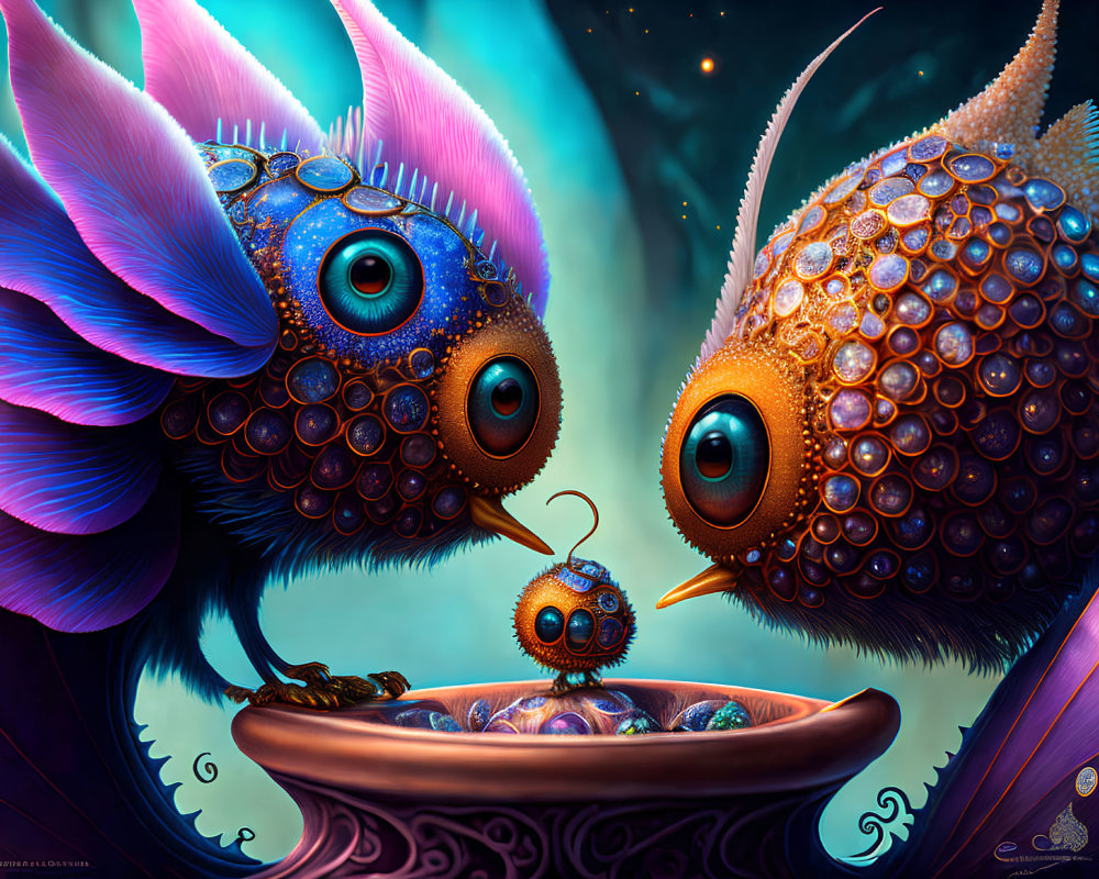 Stylized fantastical creatures with elaborate eyes and textured features face off.