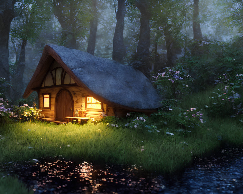 Thatched-Roof Cottage in Flower-Filled Forest at Twilight