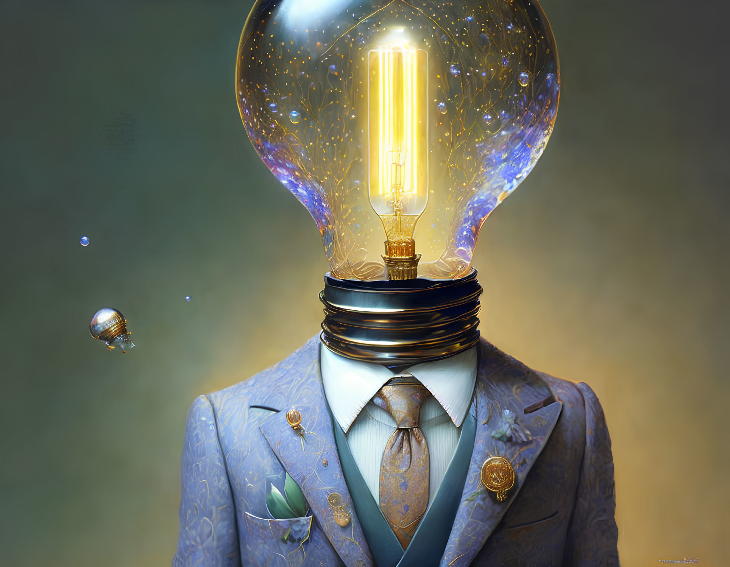 Surreal artwork featuring man's body with lightbulb head and floating galaxies