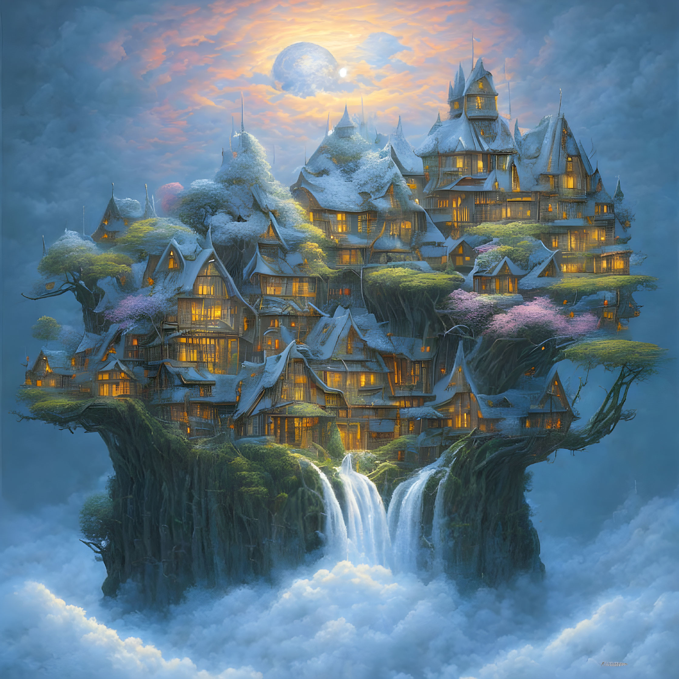 Fantasy castle on giant tree with spires and waterfalls at twilight
