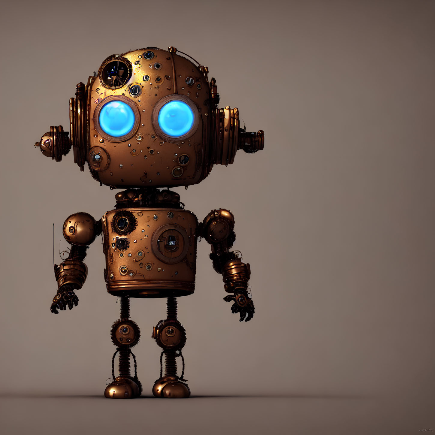 Vintage-Style Robot with Round Body and Glowing Blue Eyes