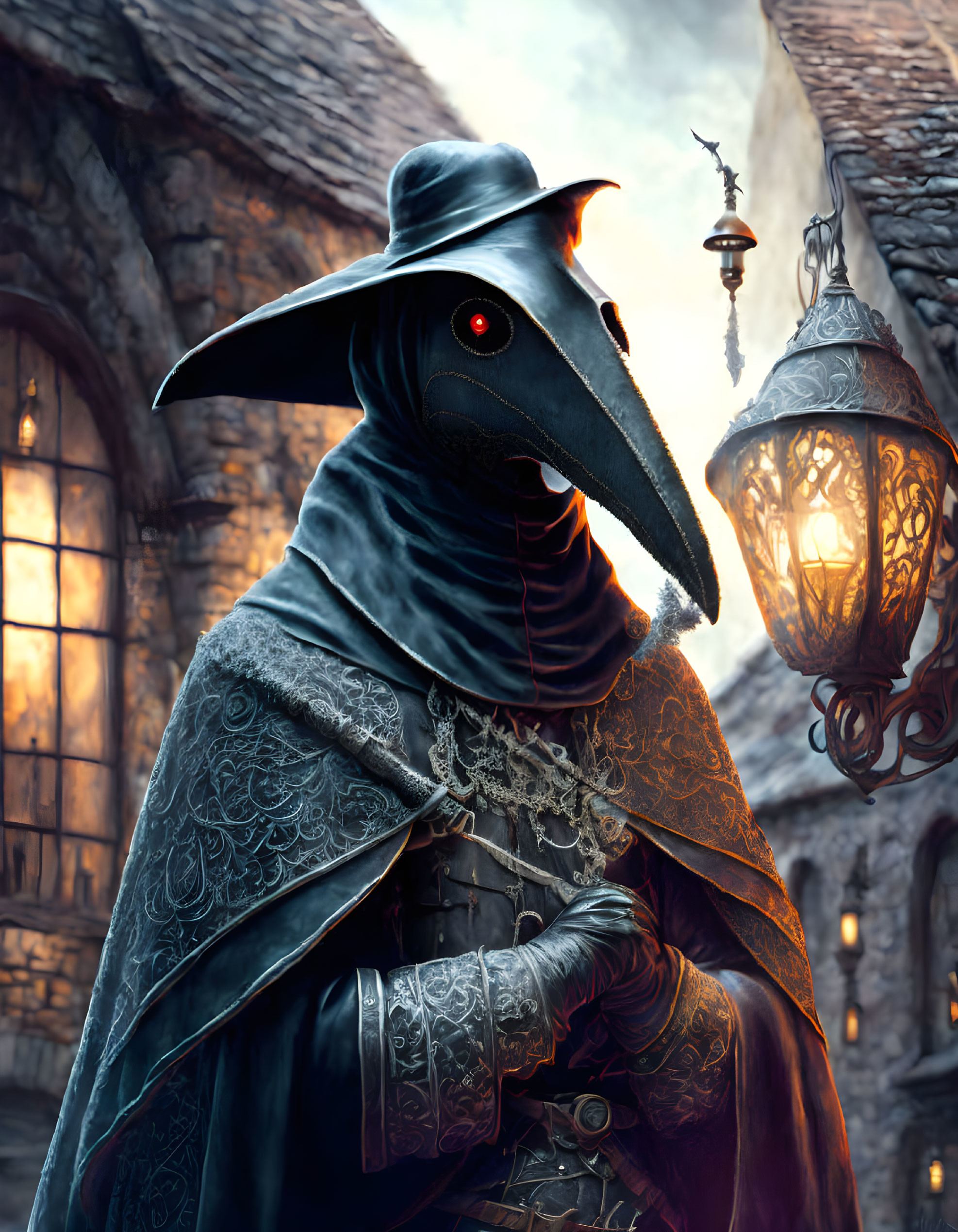 Plague doctor in beaked mask and cloak in dimly lit alley