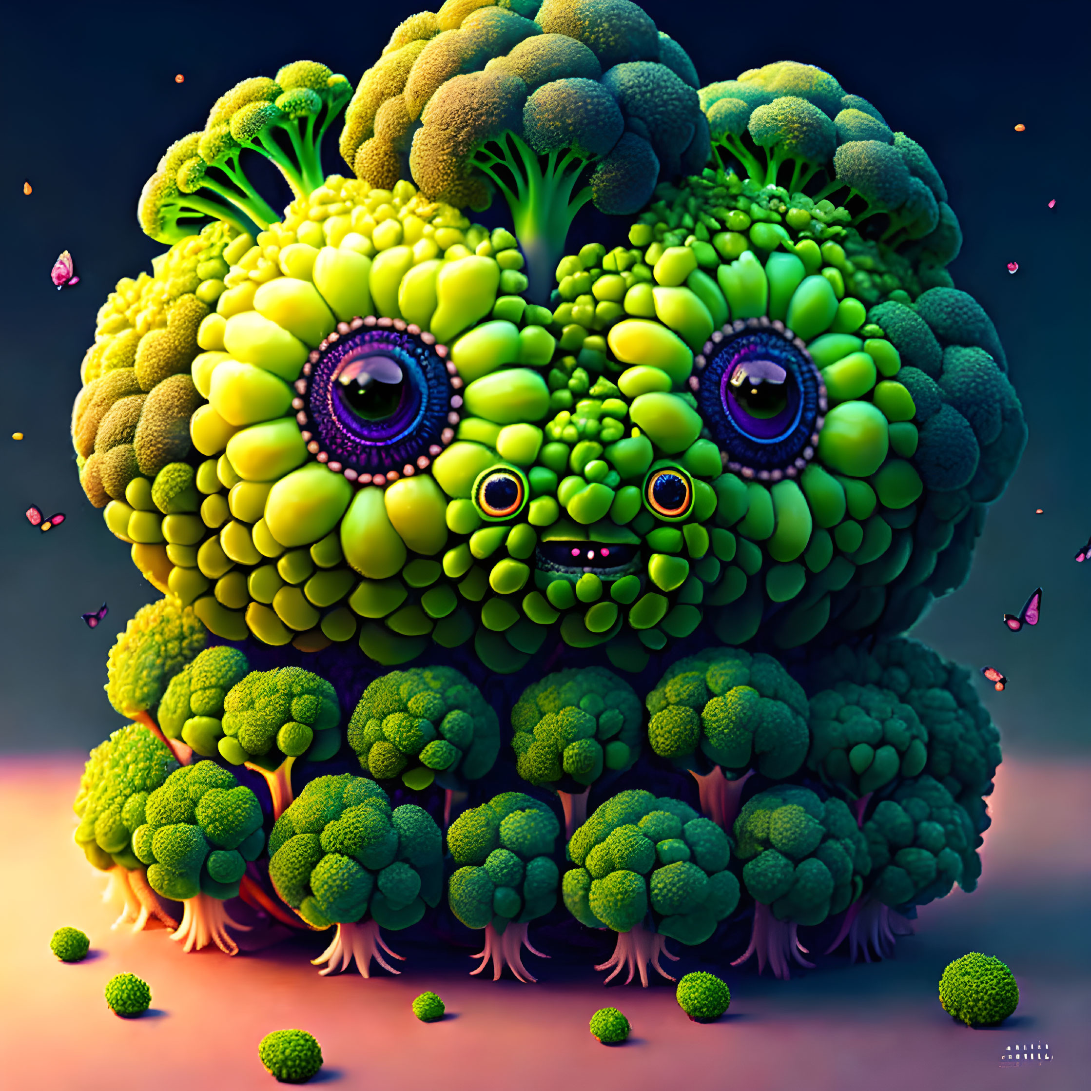 Anthropomorphic broccoli with purple eyes and butterflies on gradient background