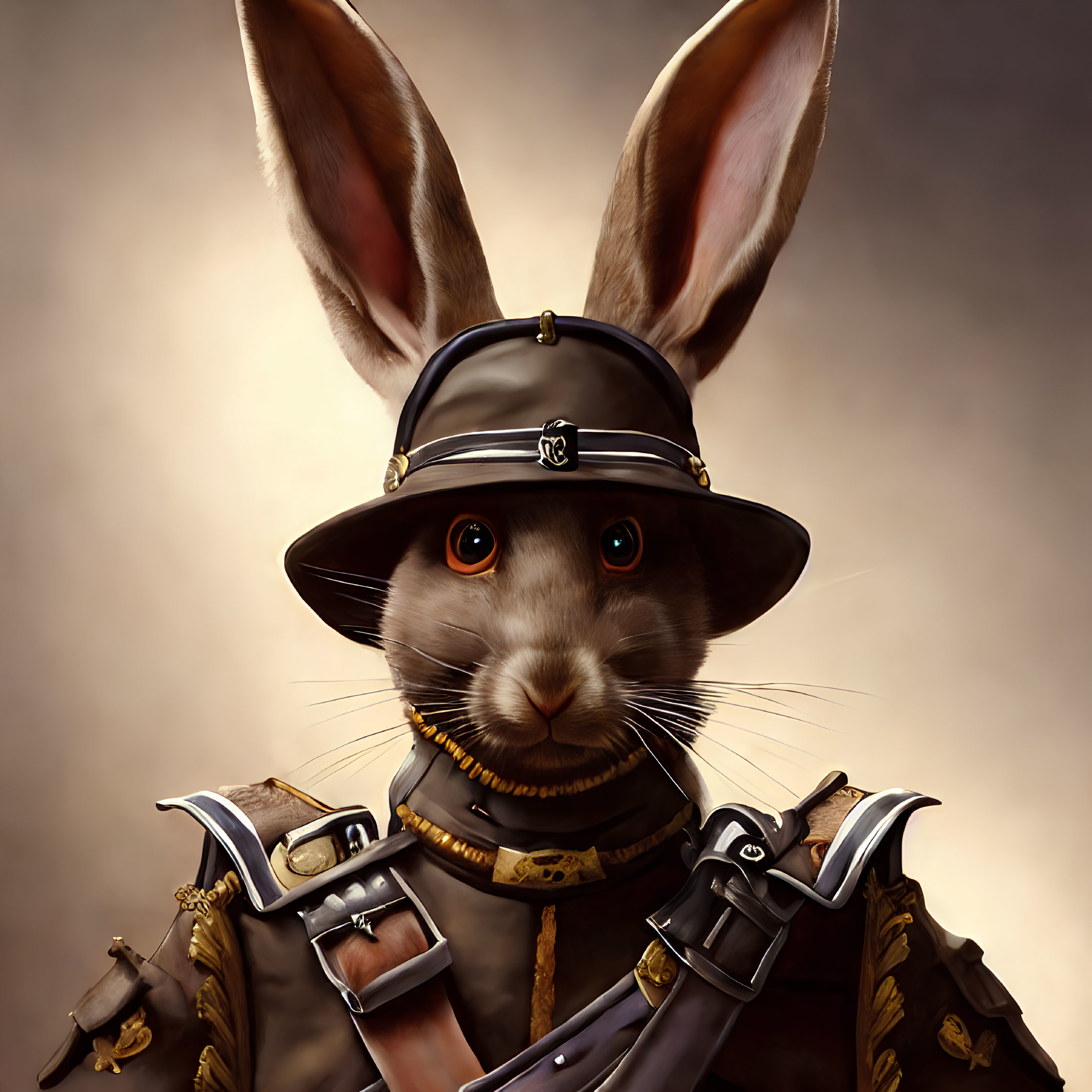Anthropomorphic rabbit in military uniform with sword