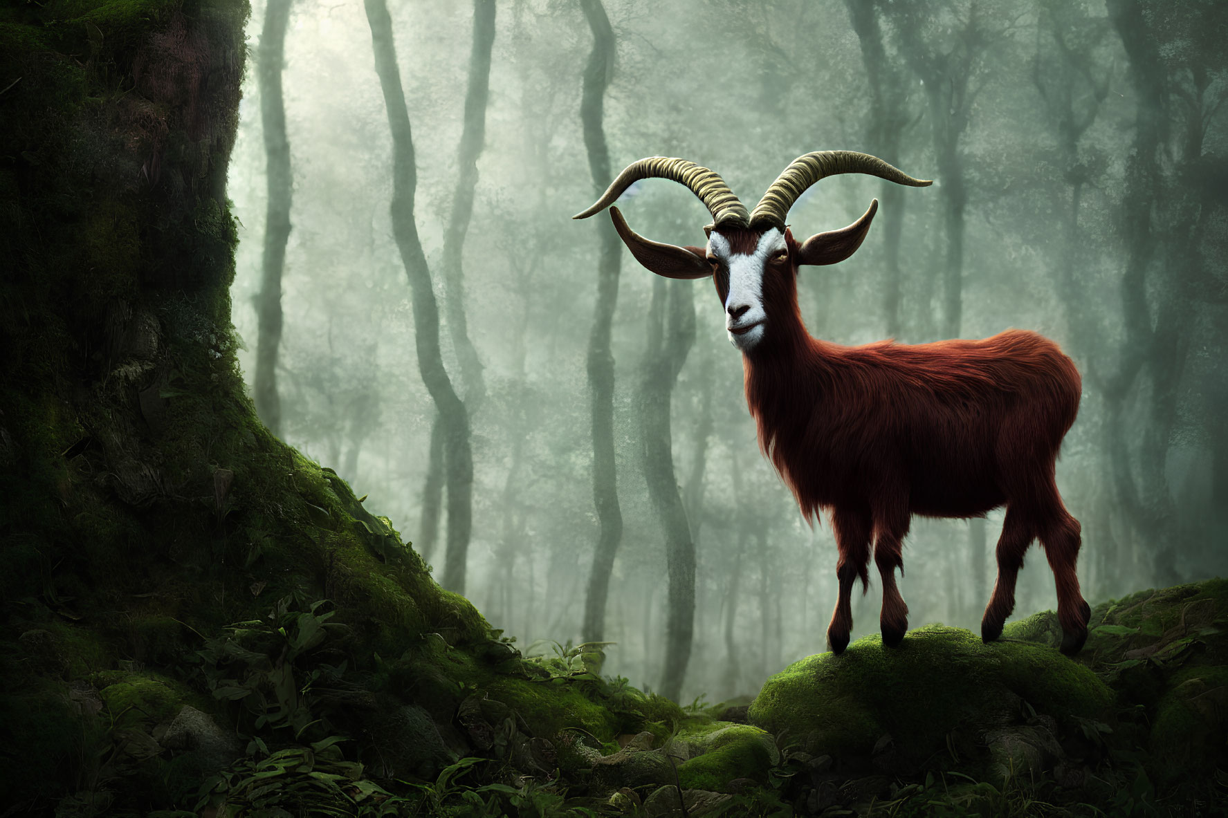 Majestic goat with curved horns in lush green forest