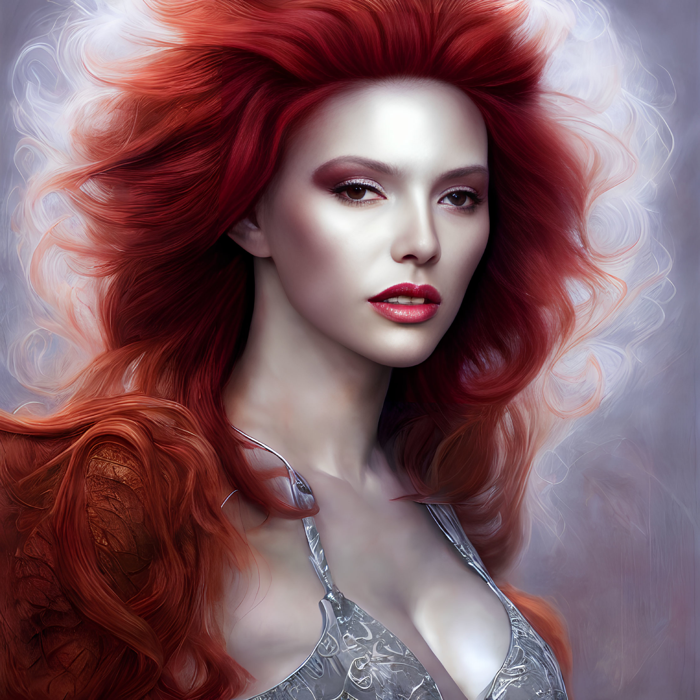 Voluminous Red Hair Woman Portrait with Striking Makeup