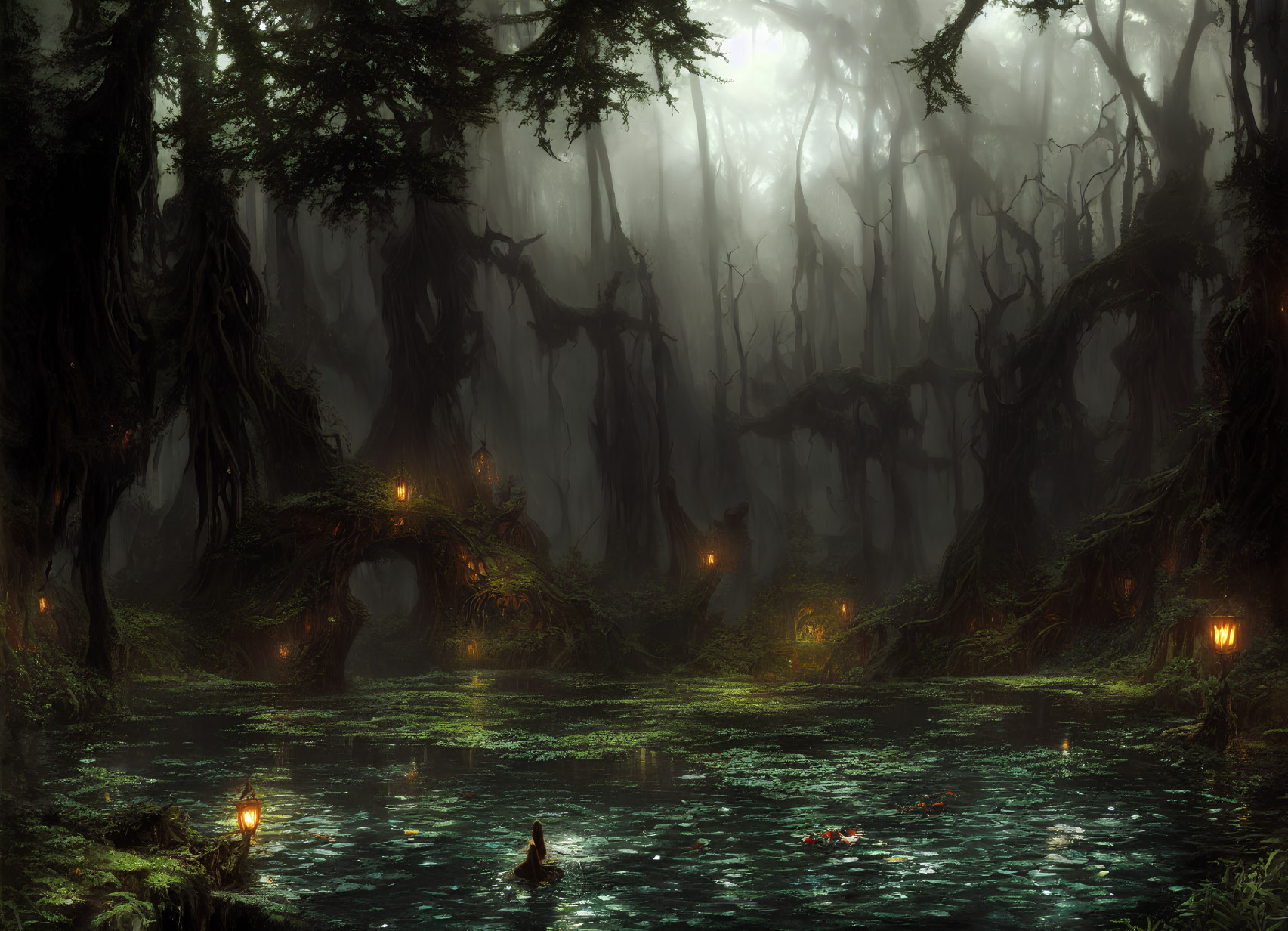Misty forest with twisted trees, serene water, and glowing lanterns