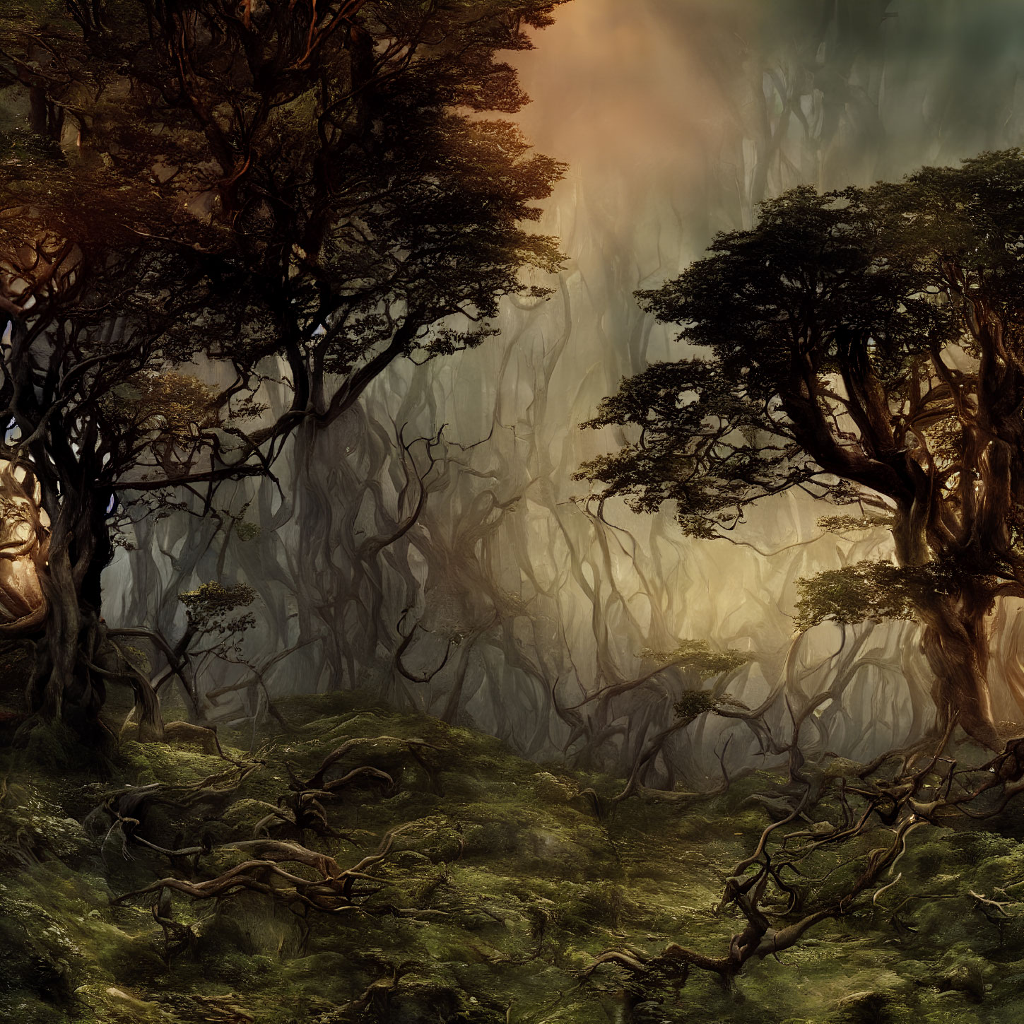 Ethereal forest scene with ancient, gnarled trees in soft mist.