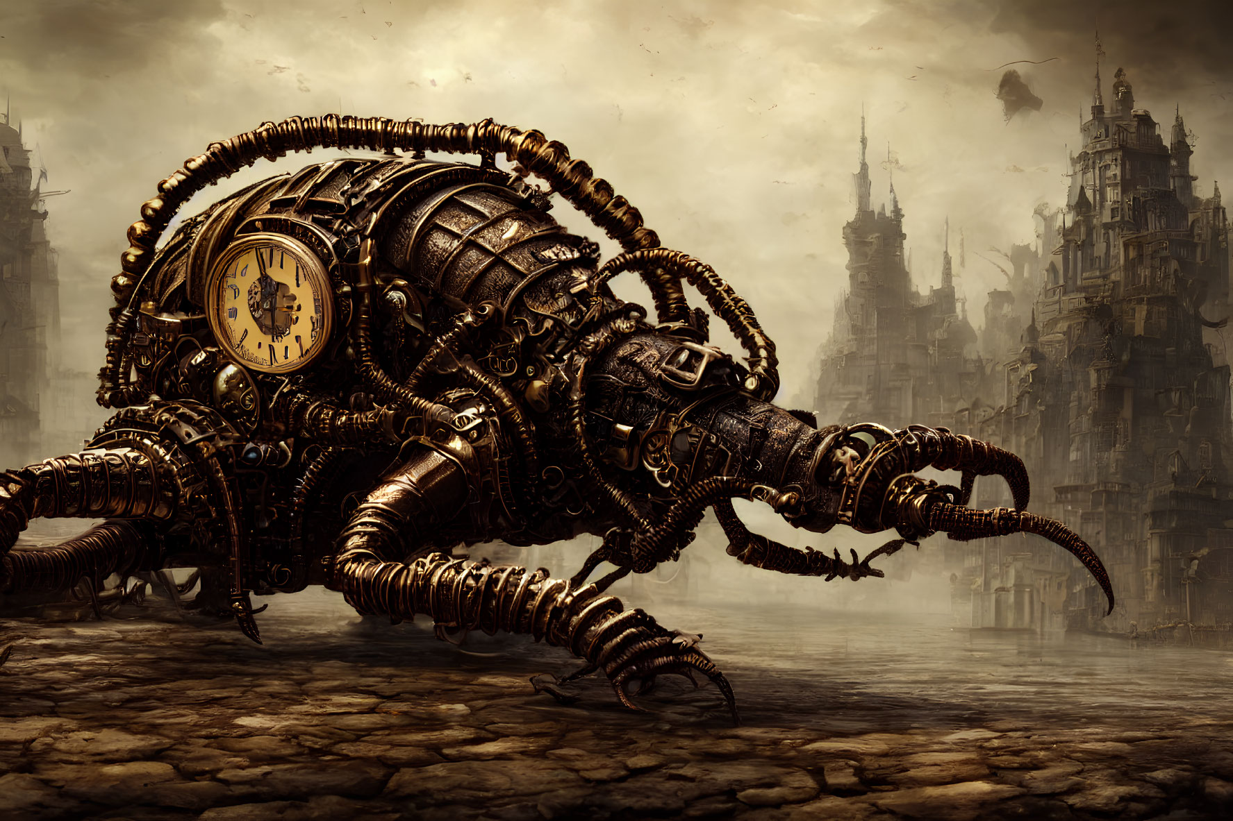 Steampunk-style mechanical octopus with clock on misty industrial landscape.