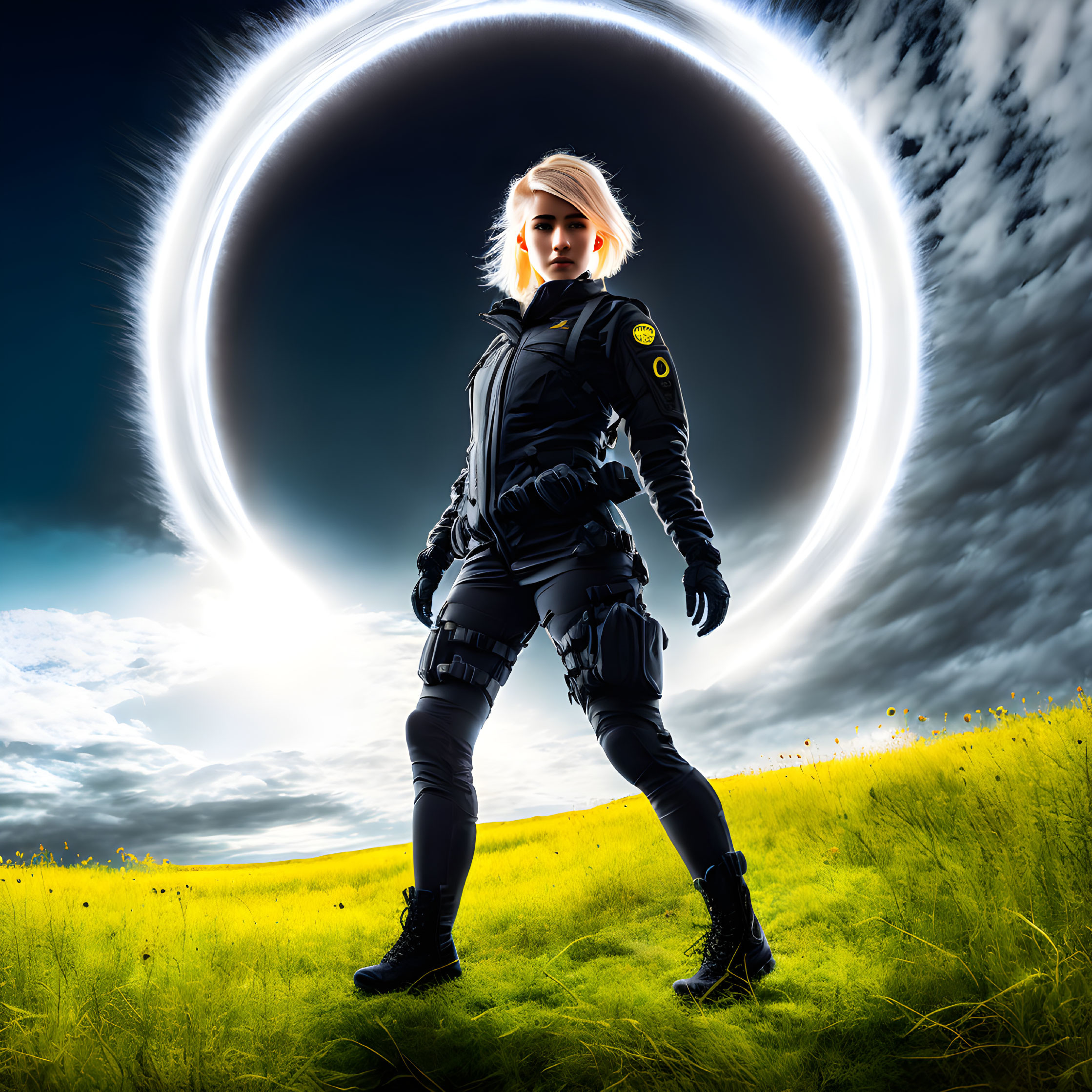 Confident person in futuristic black uniform in dramatic eclipse scene