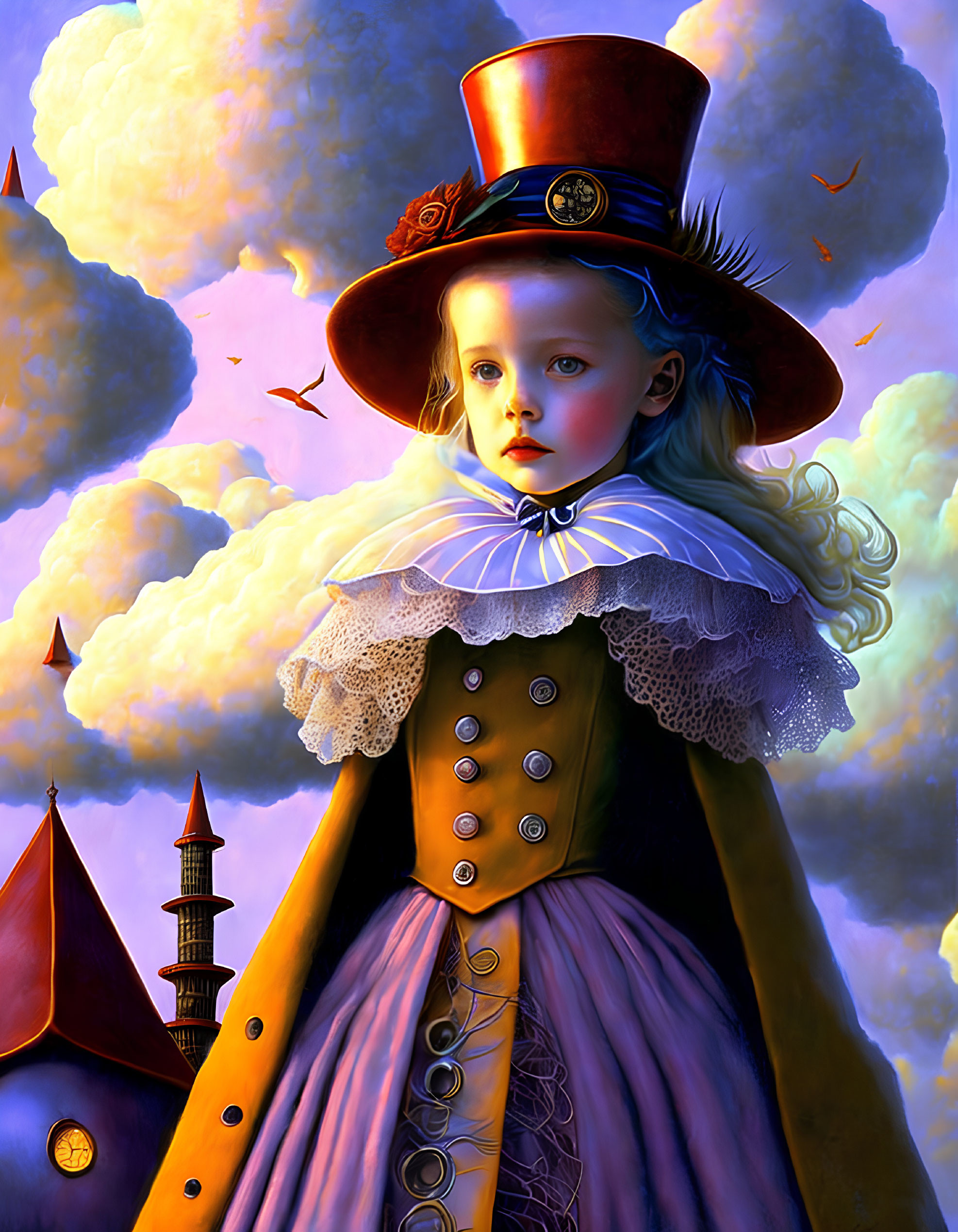 Illustration of solemn Victorian girl in top hat with dreamy backdrop