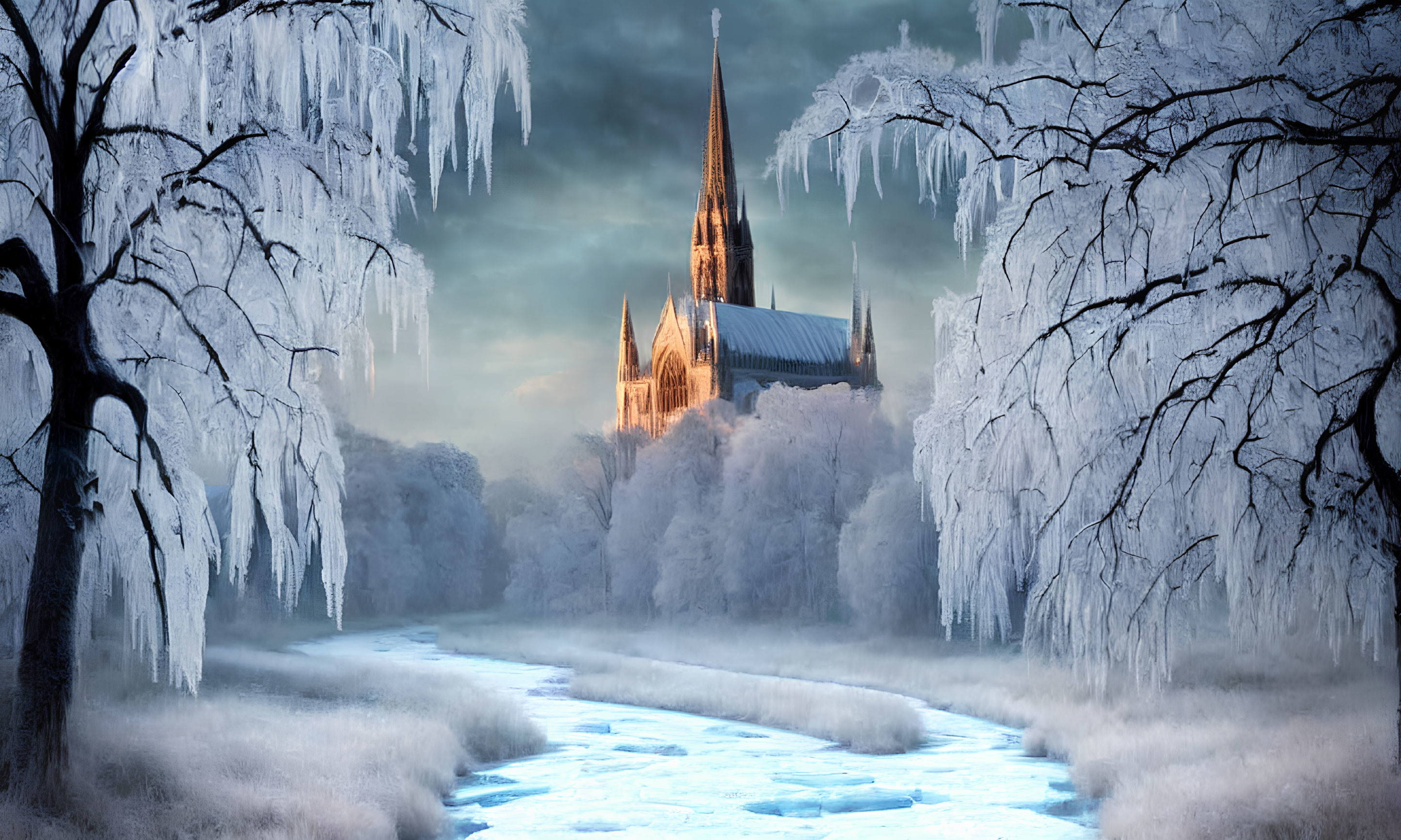 Frozen Trees and Gothic Cathedral in Twilight Winter Scene