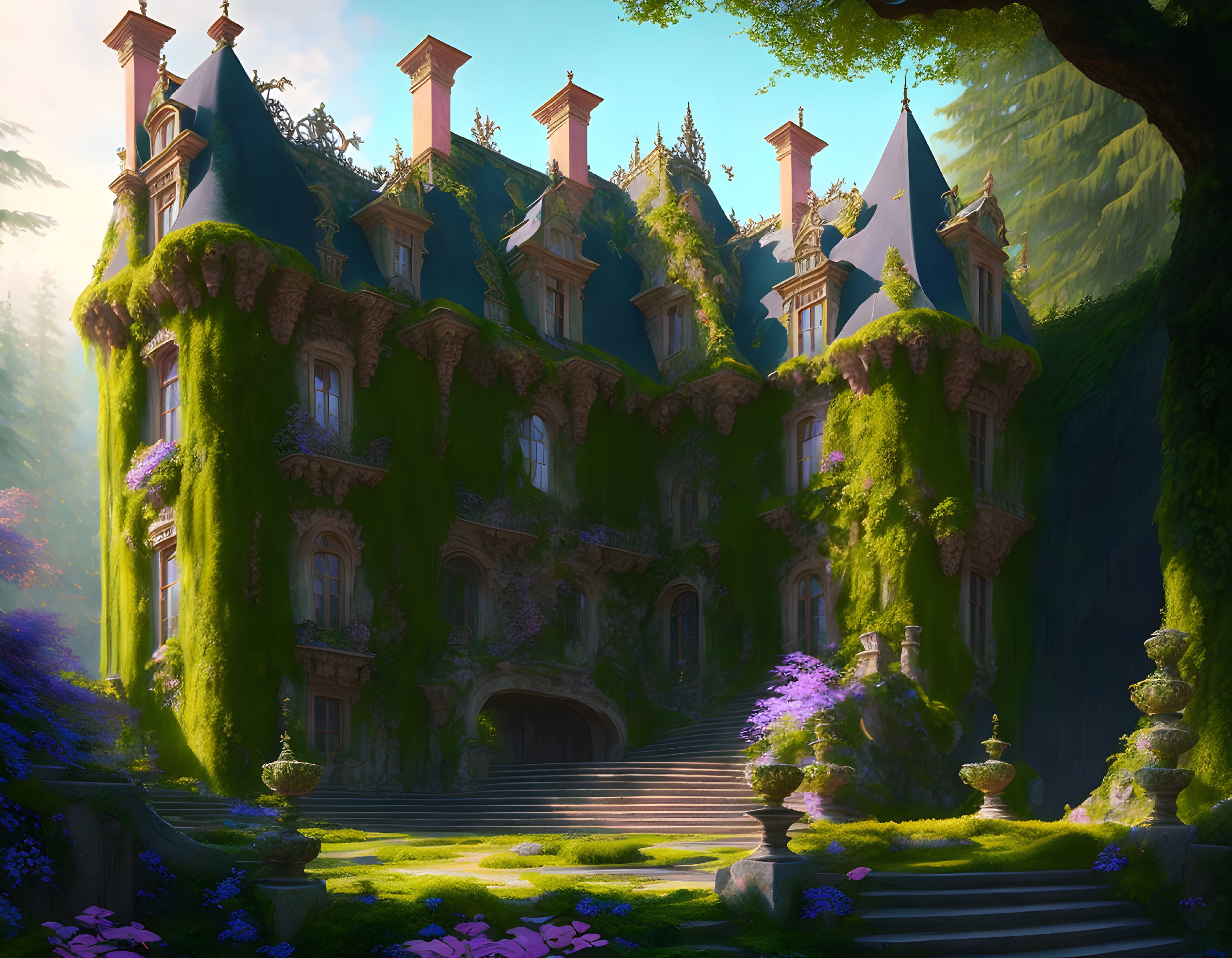 Castle surrounded by lush greenery and vibrant flora in warm sunlight.