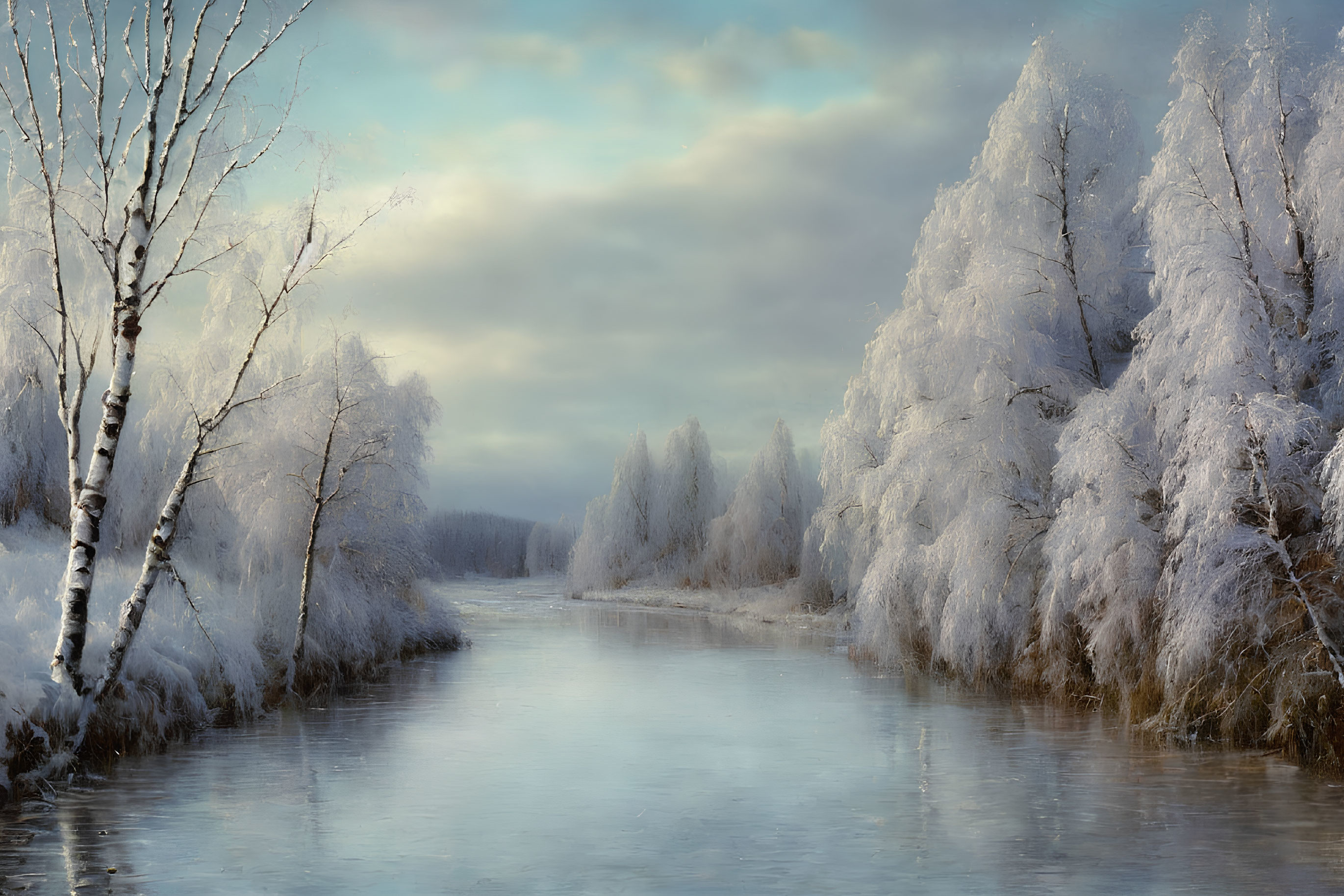 Snow-covered trees and river in serene winter landscape