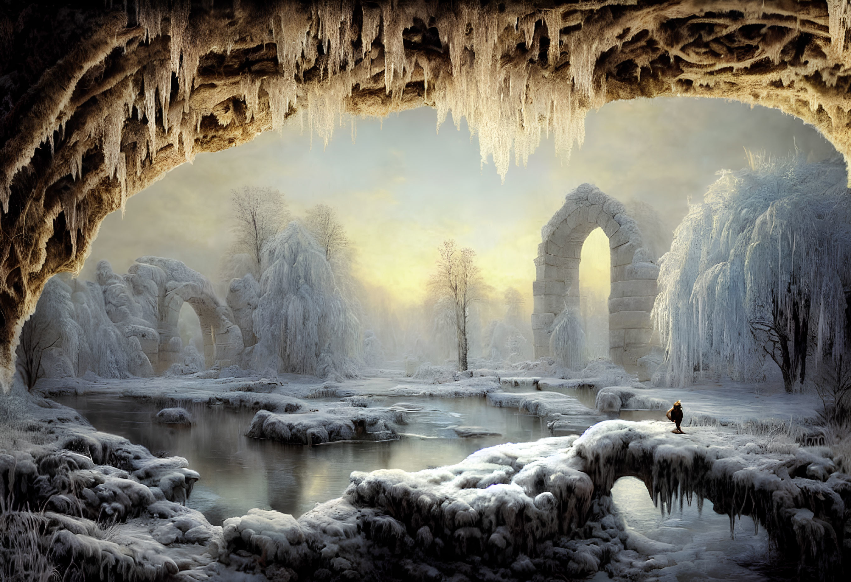 Frozen river and stone ruins in serene winter landscape