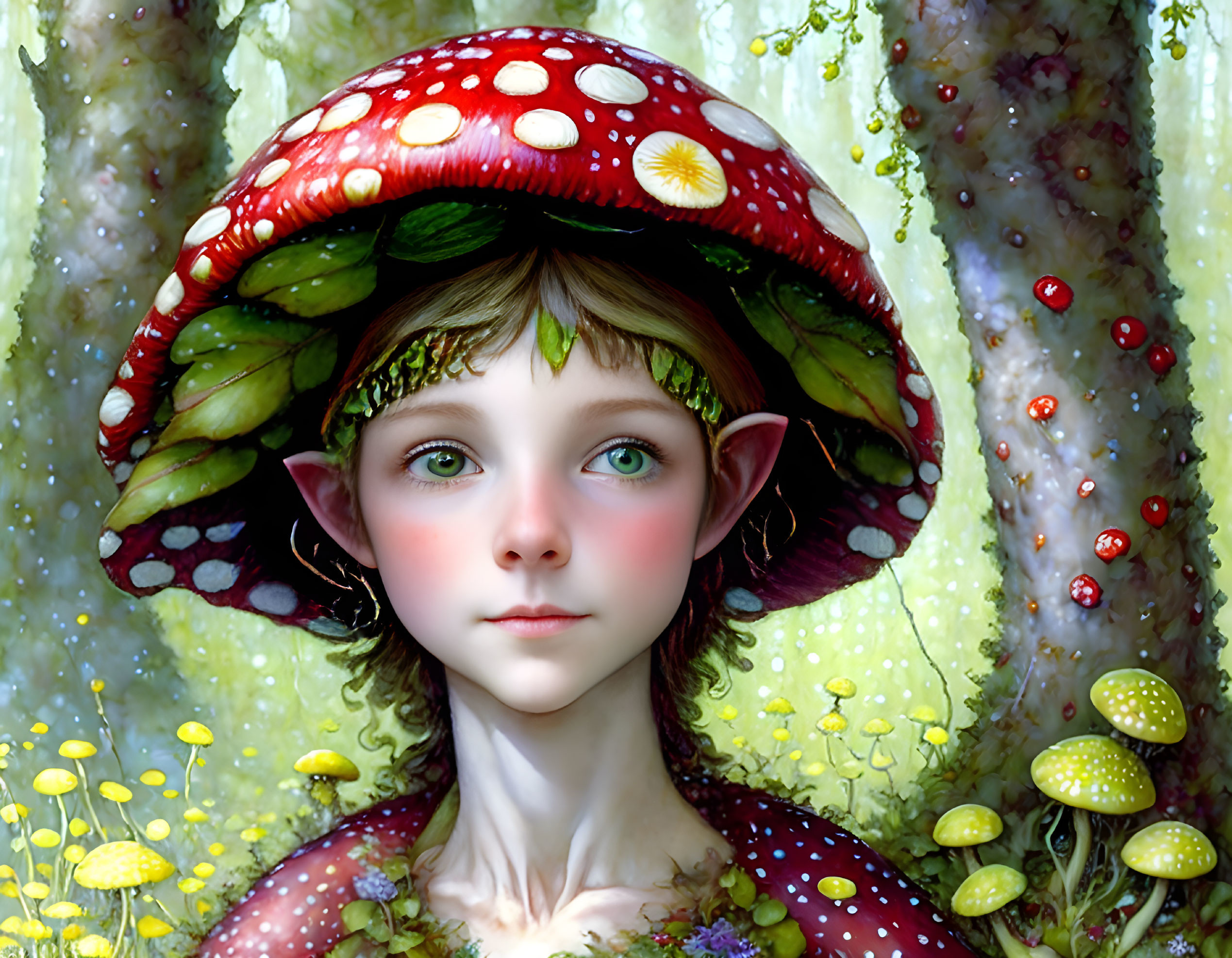 Childlike fantasy creature with mushroom cap head, green eyes, pointed ears, forest backdrop.