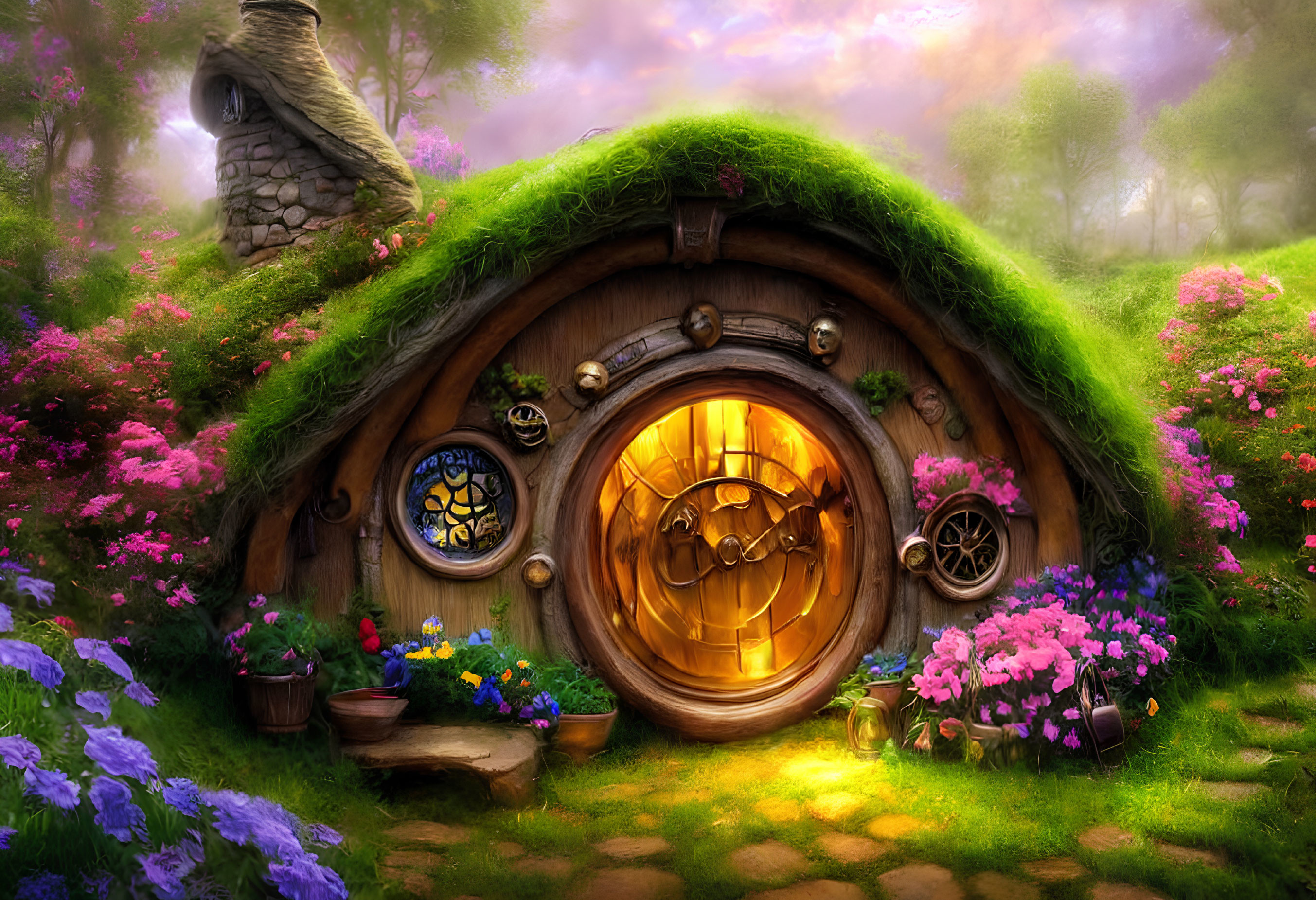 Whimsical round-door hobbit house with stone chimney and vibrant flowers