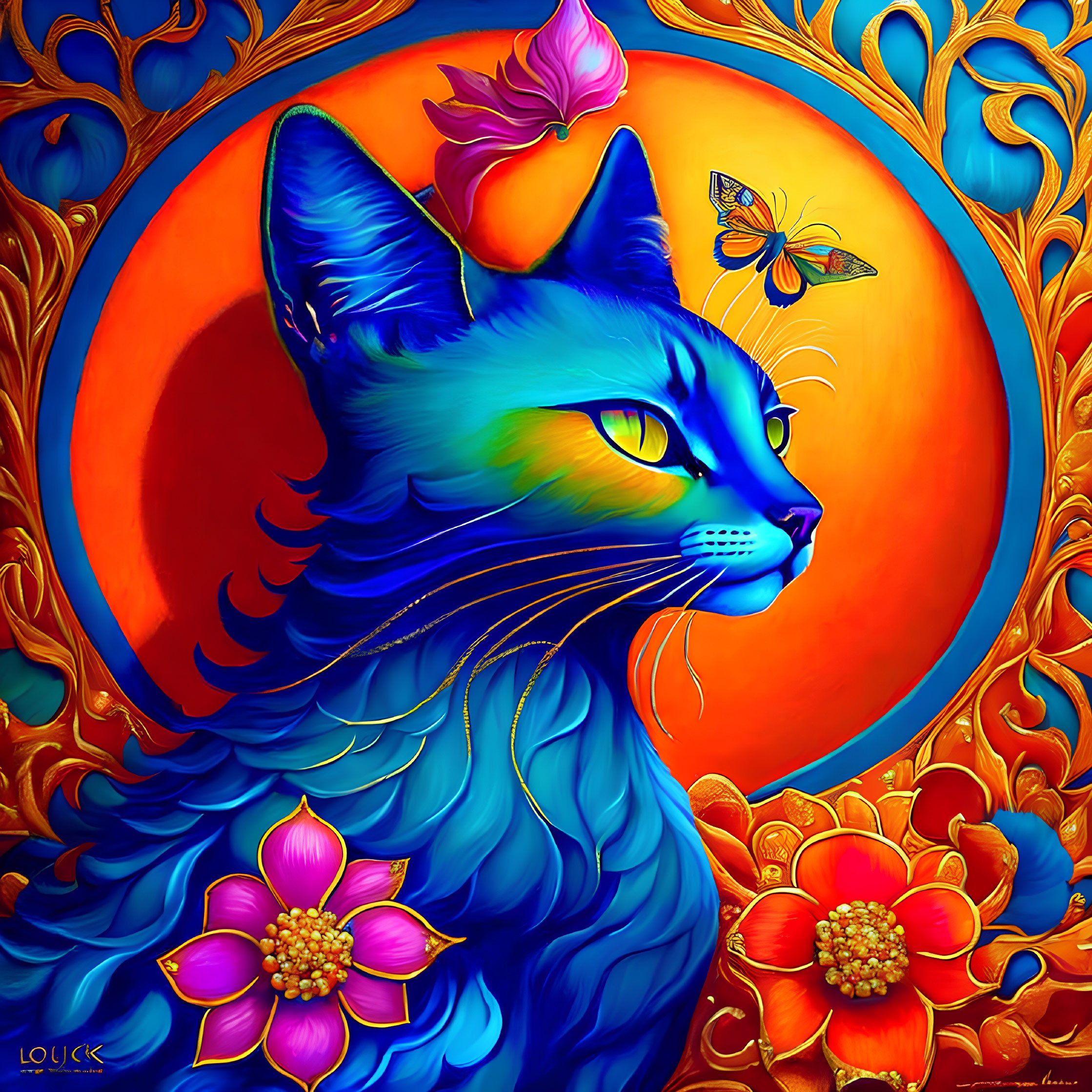 Colorful digital artwork: Blue cat with floral patterns, butterfly, and lotus flowers