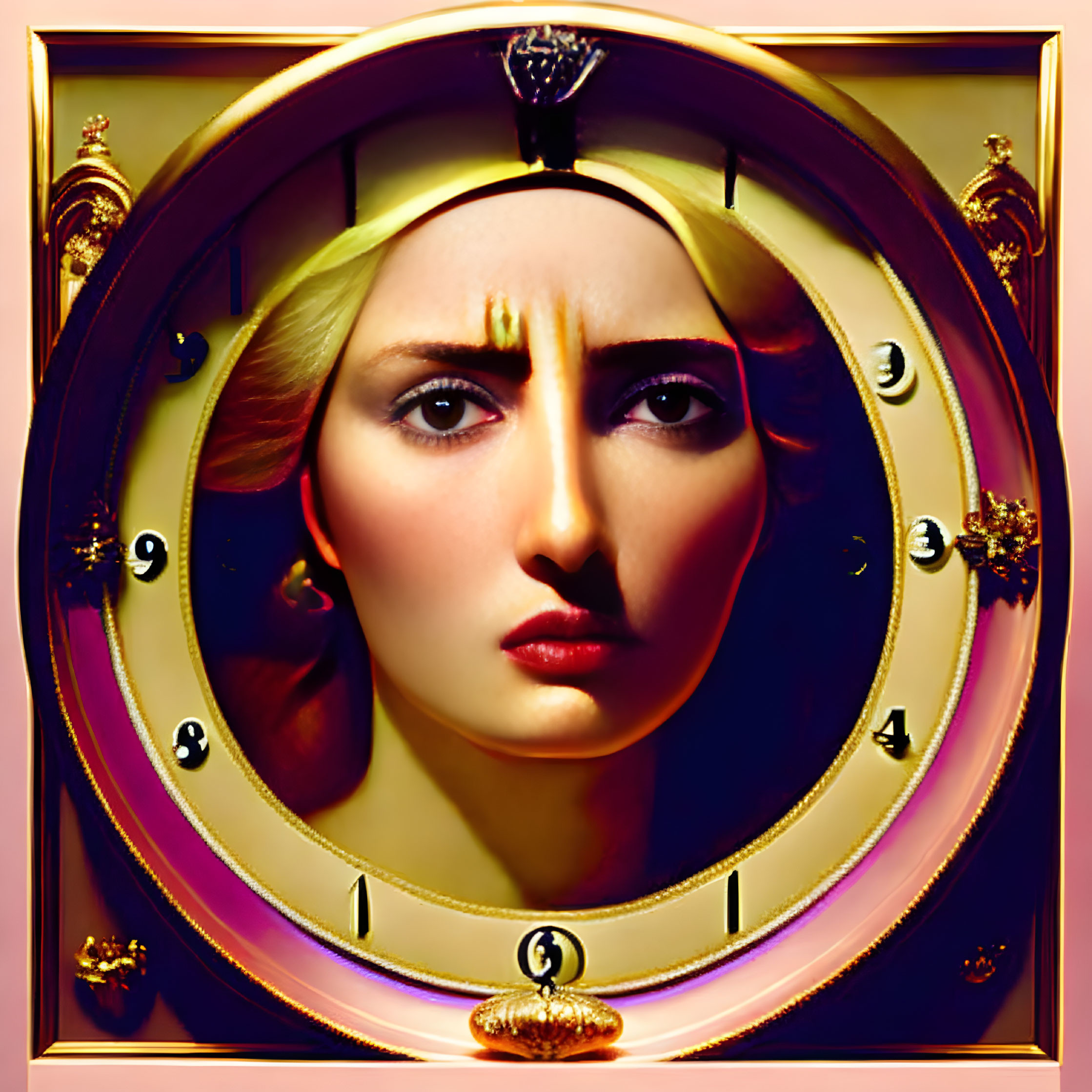 Surreal digital artwork of woman's face on clock with distorted numbers