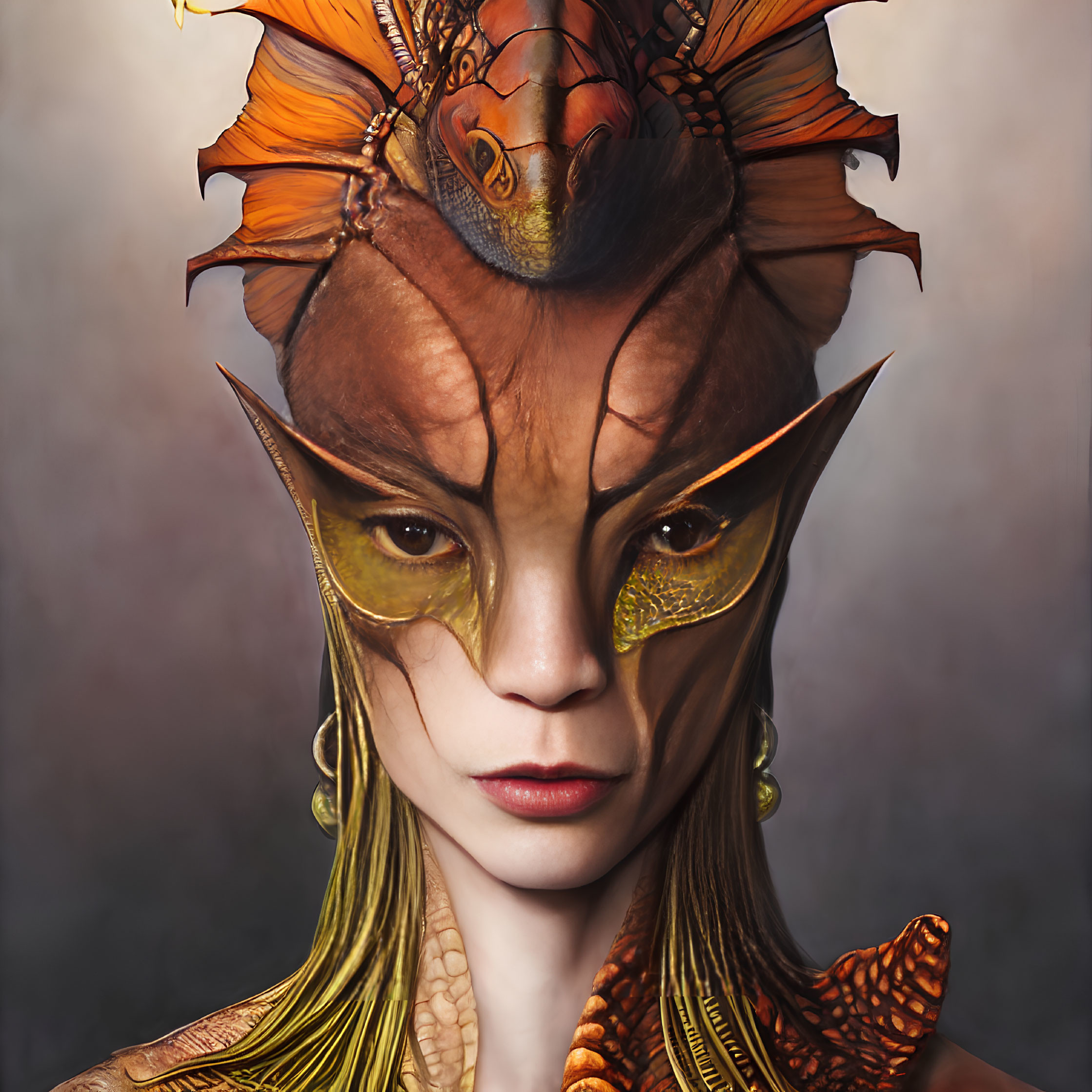 Fantasy portrait of person with lizard-like features and golden skin