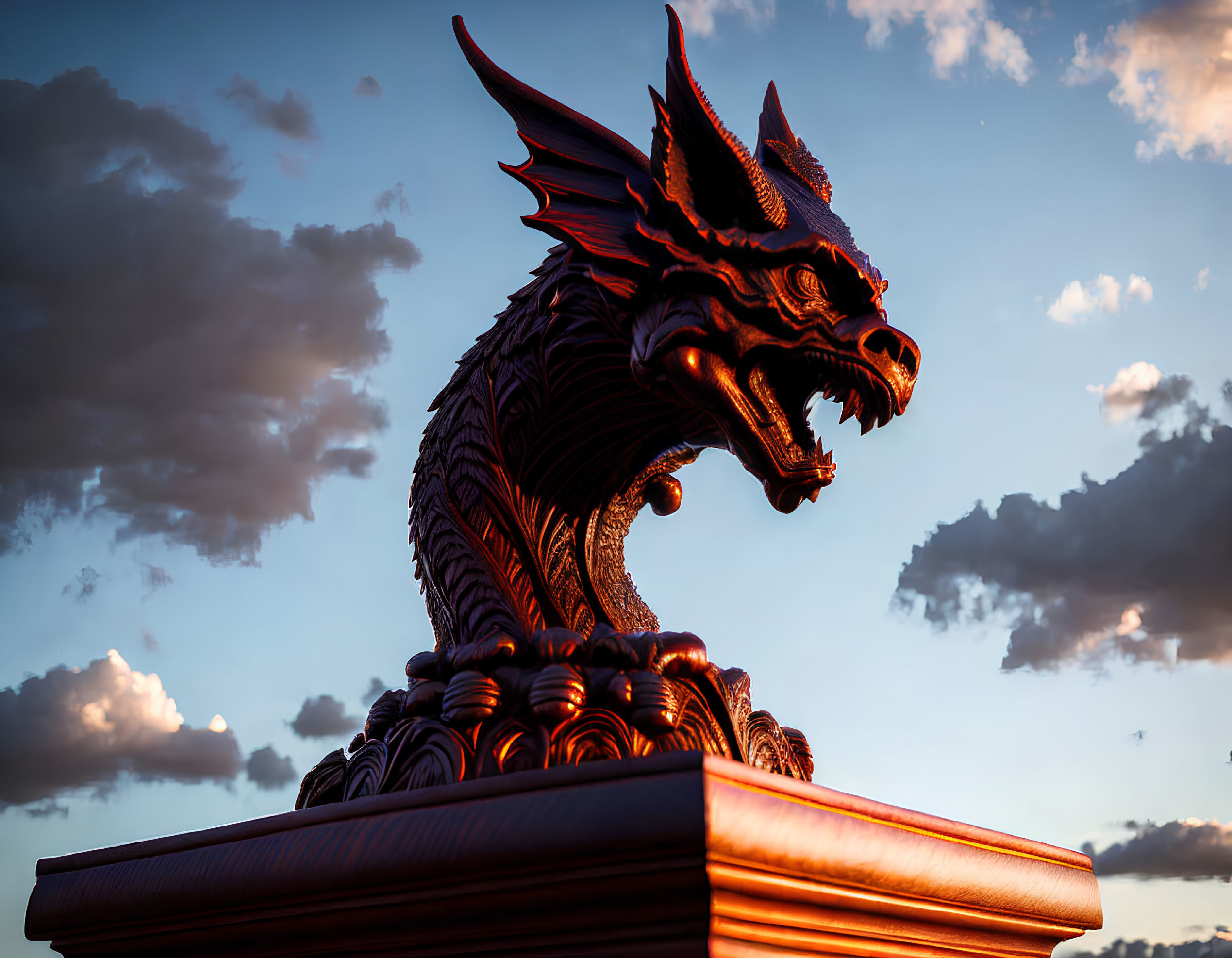 Majestic dragon sculpture at sunset with dramatic lighting