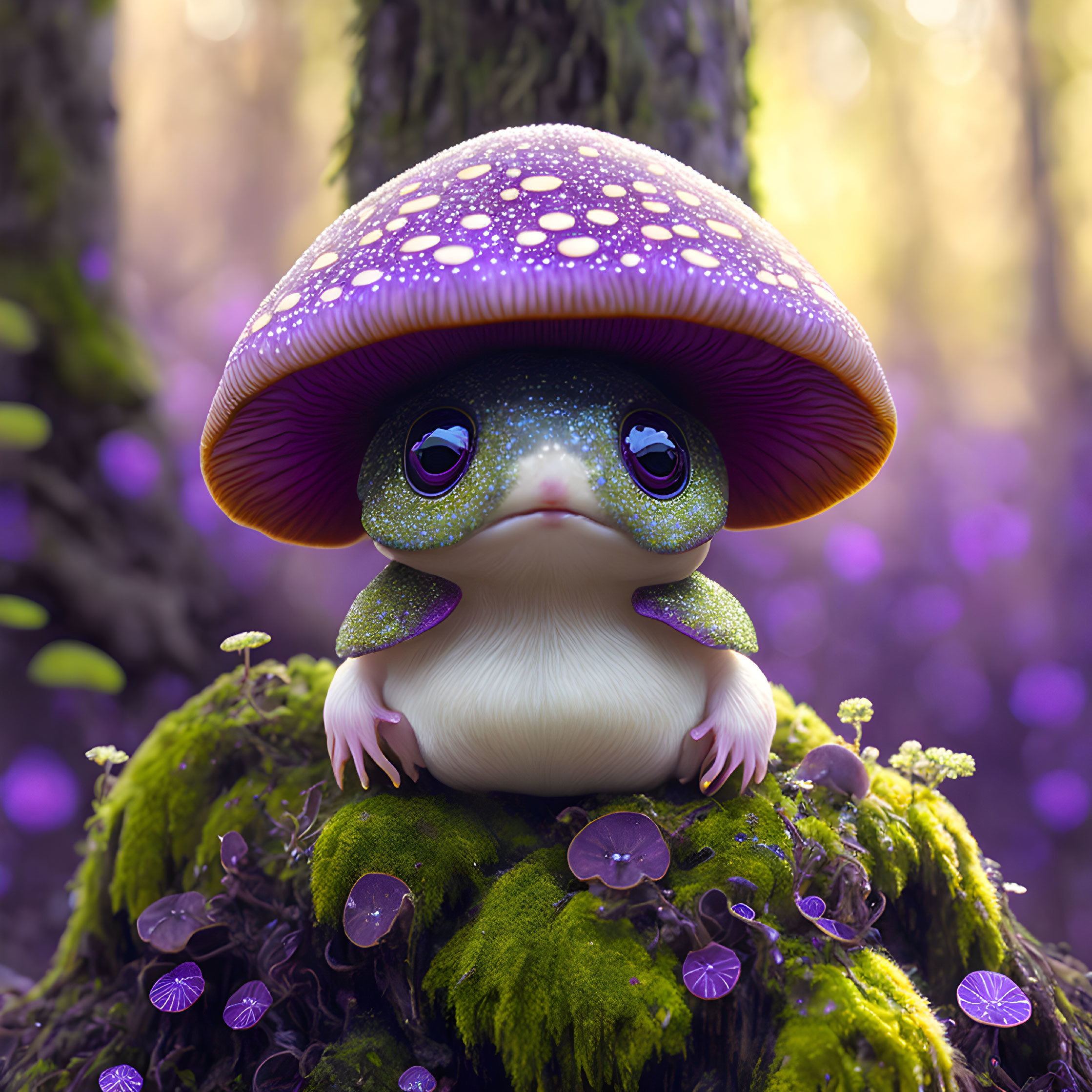 Illustration of cute creature with large eyes in purple forest