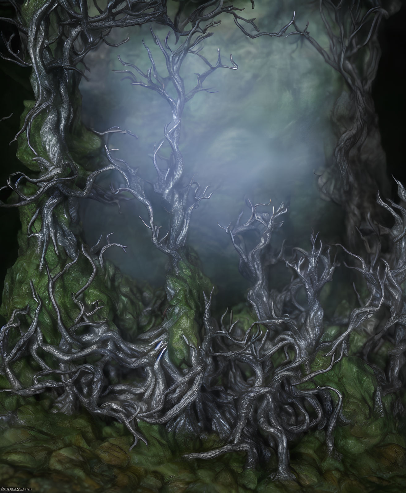 Mysterious forest scene with twisted tree roots and branches