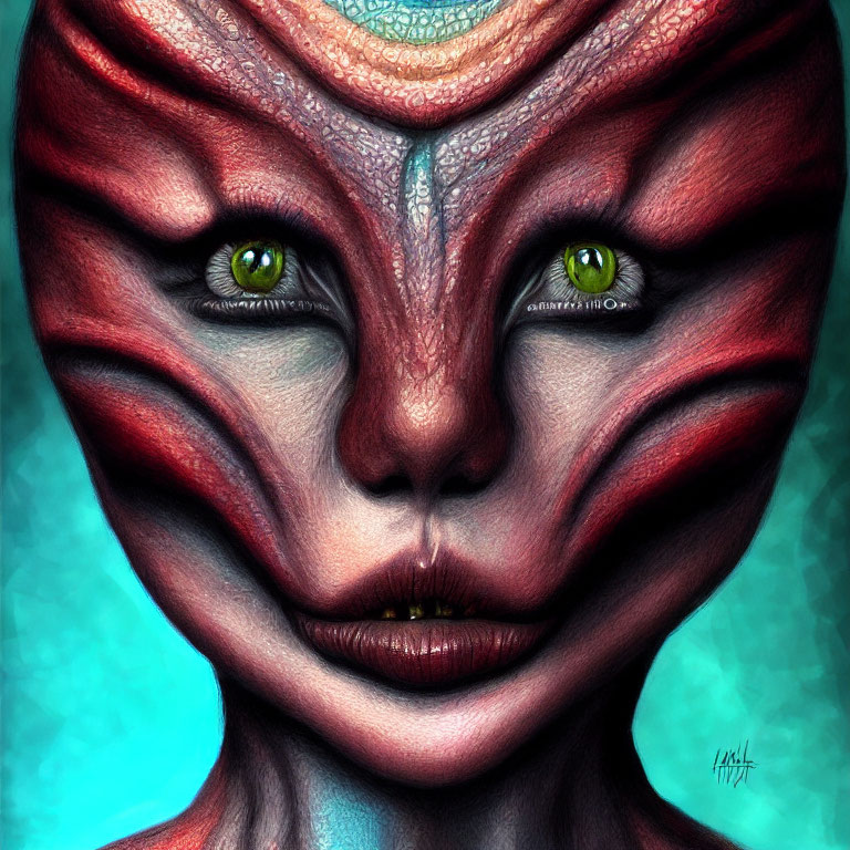 Detailed Alien Face Illustration with Red and White Striped Skin