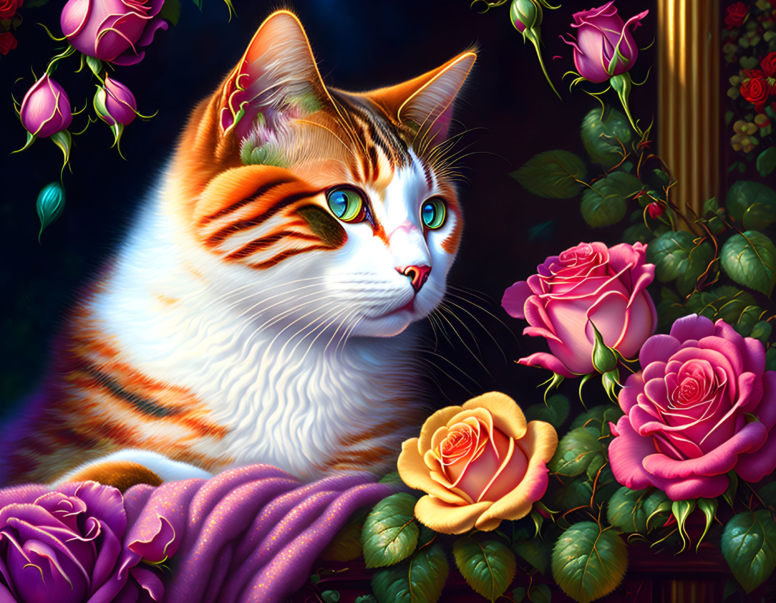 Beautiful cat with roses