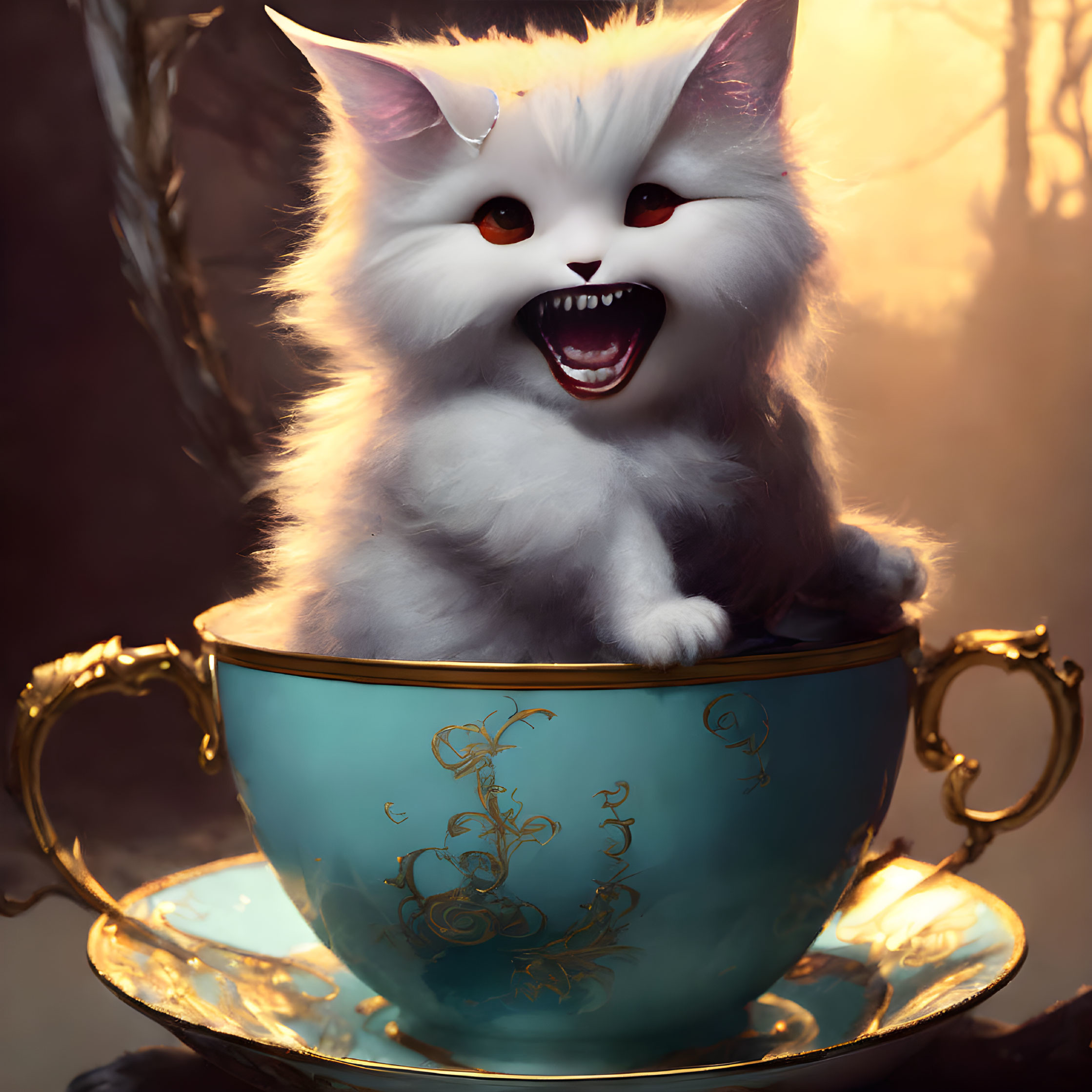 Fluffy kitten with large eyes in turquoise teacup