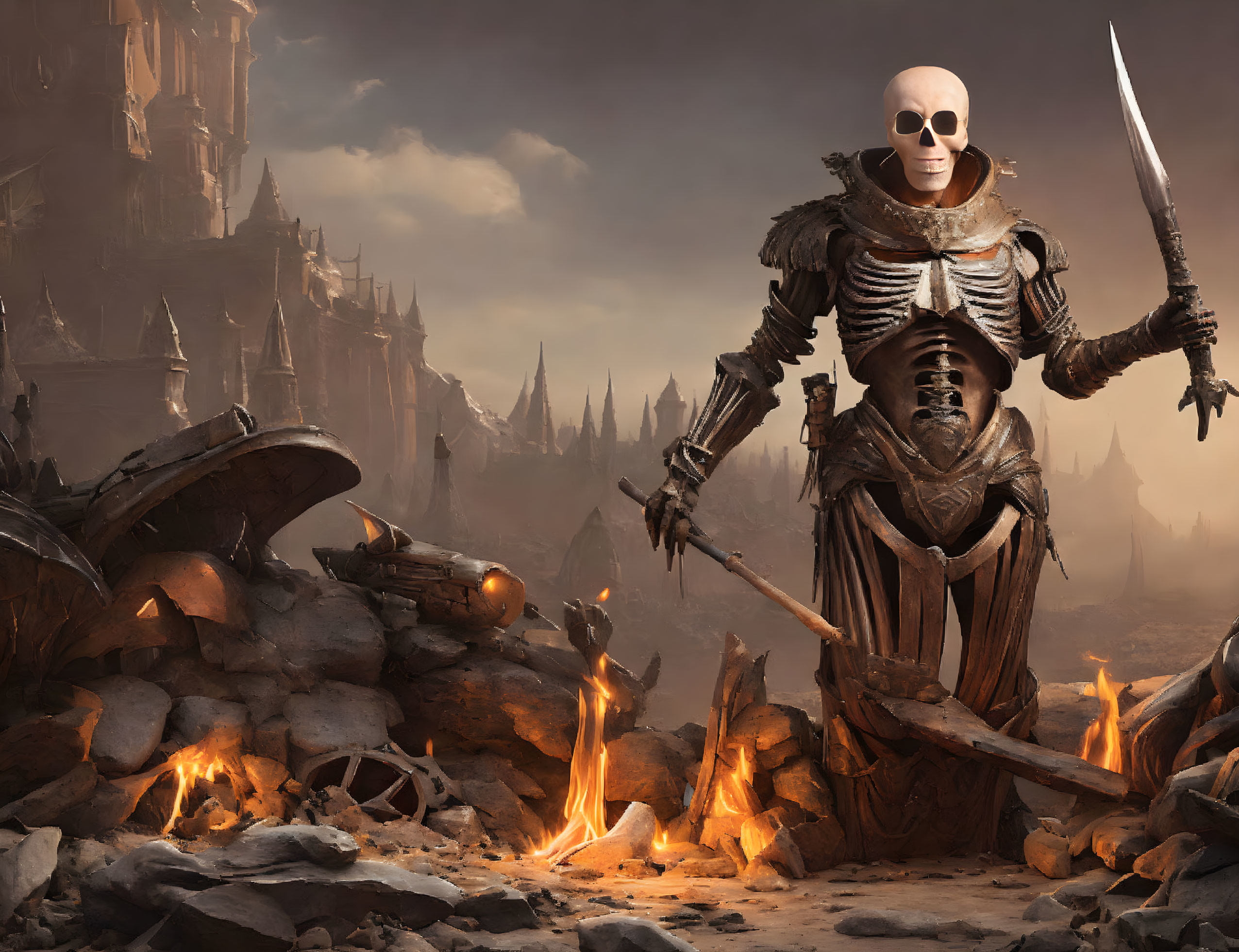 Fantasy skeletal warrior in armor with sword and staff in ruins.