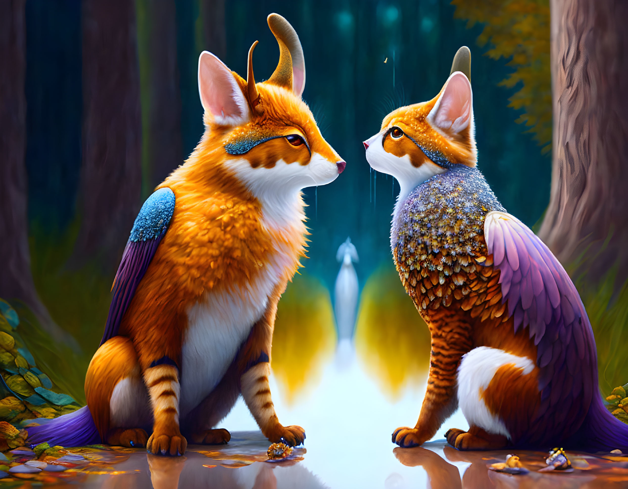 Vibrant orange fantasy foxes with colorful wings in enchanted forest