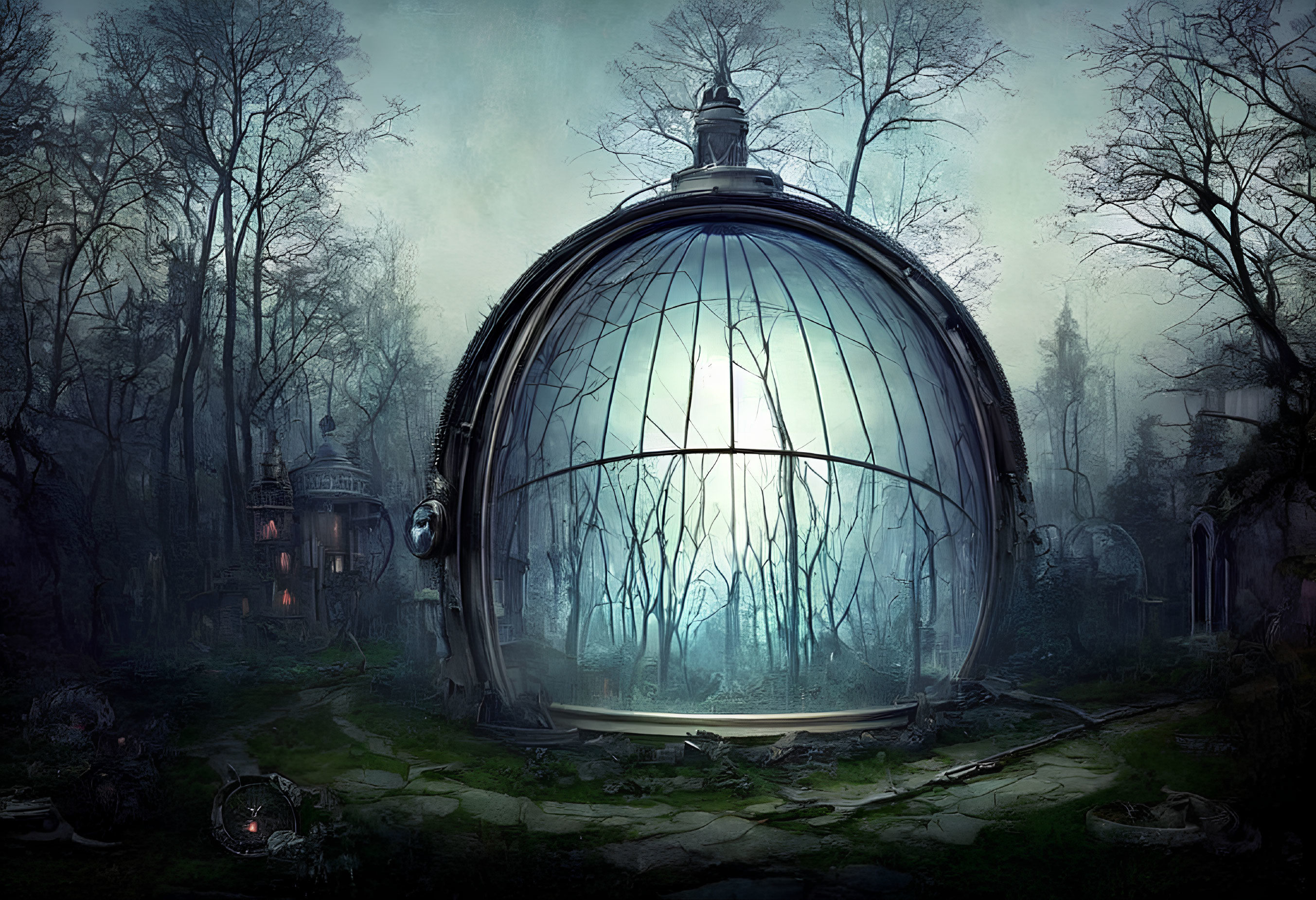 Eerie glass dome with dead tree in gothic forest