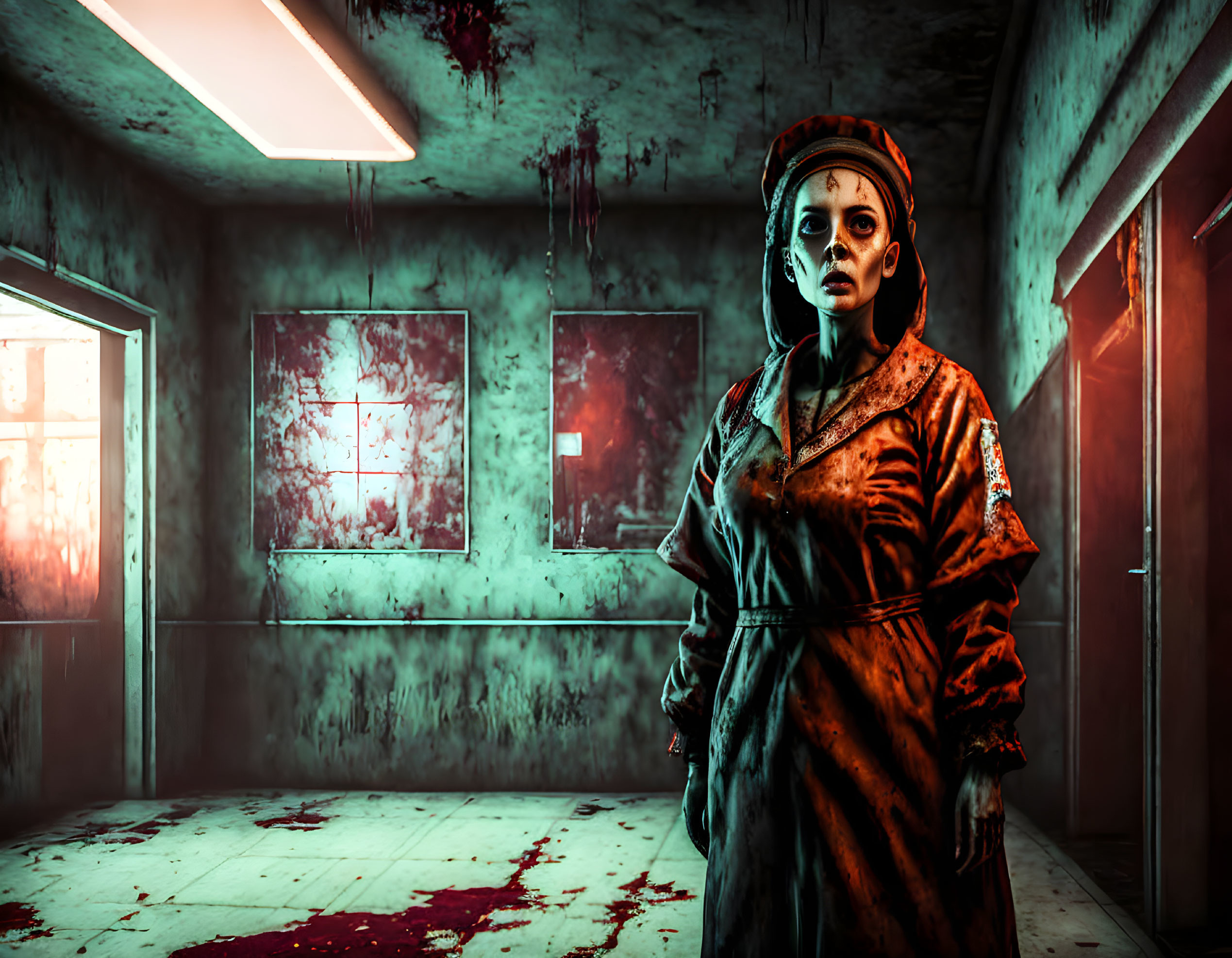 Startled woman in orange jumpsuit in eerie, blood-spattered room