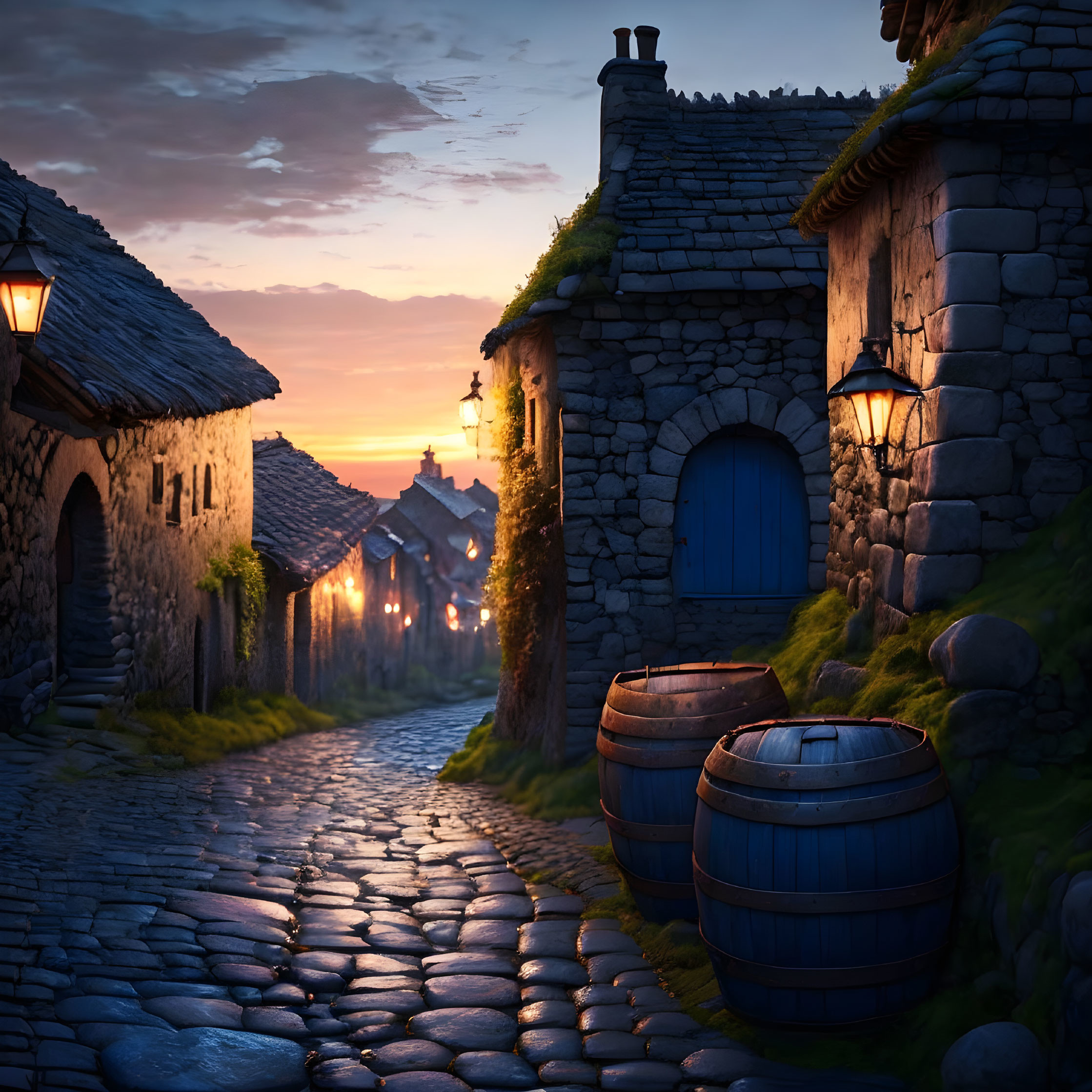 Twilight scene of stone-paved village street with lanterns, cobblestone houses, wooden door