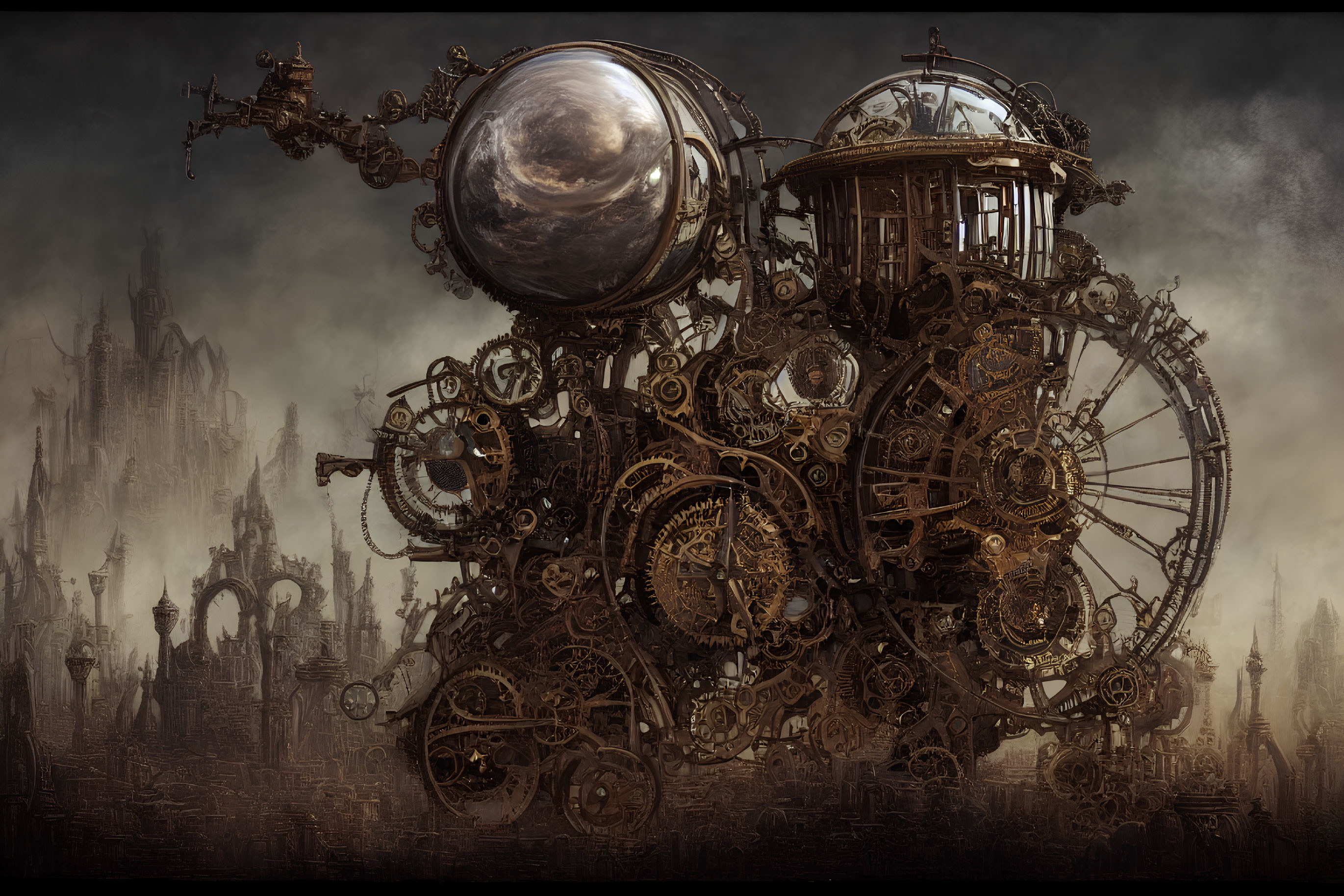 Detailed Steampunk Machinery with Ornate Gears and Spherical Elements