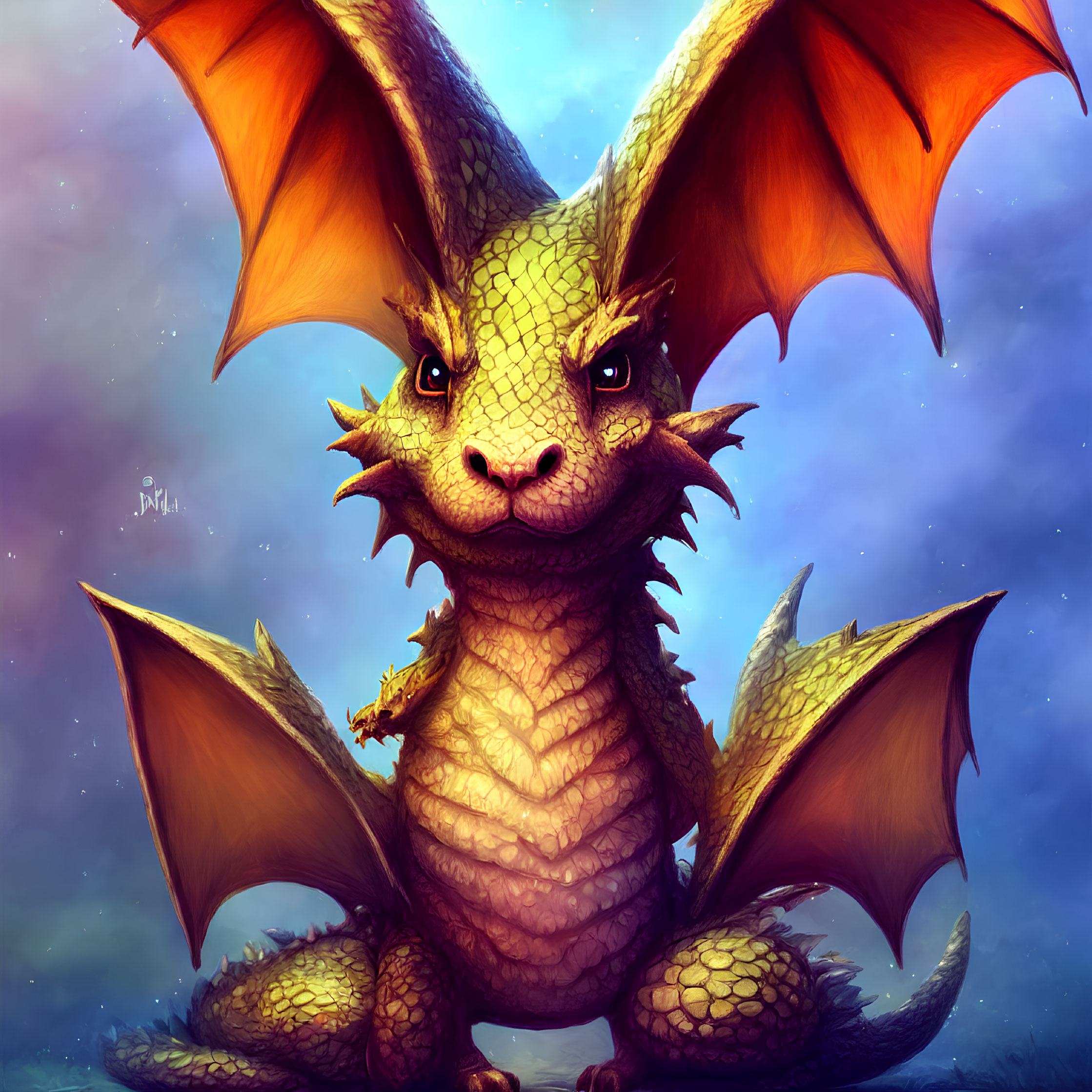 Detailed illustration of friendly dragon with large expressive eyes, orange wings, and shiny scaled skin under purple sky