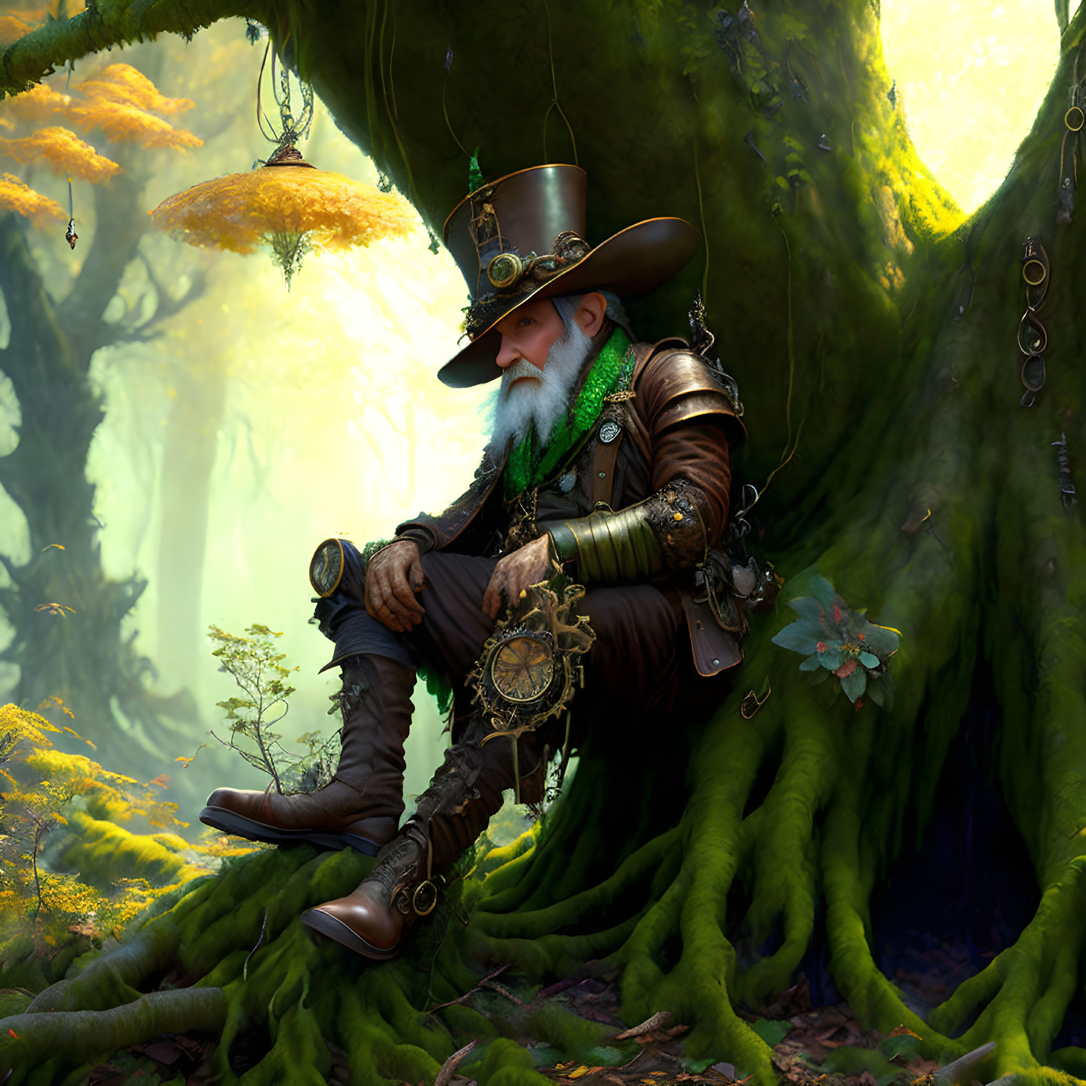 Steampunk-themed leprechaun with green beard in enchanted forest