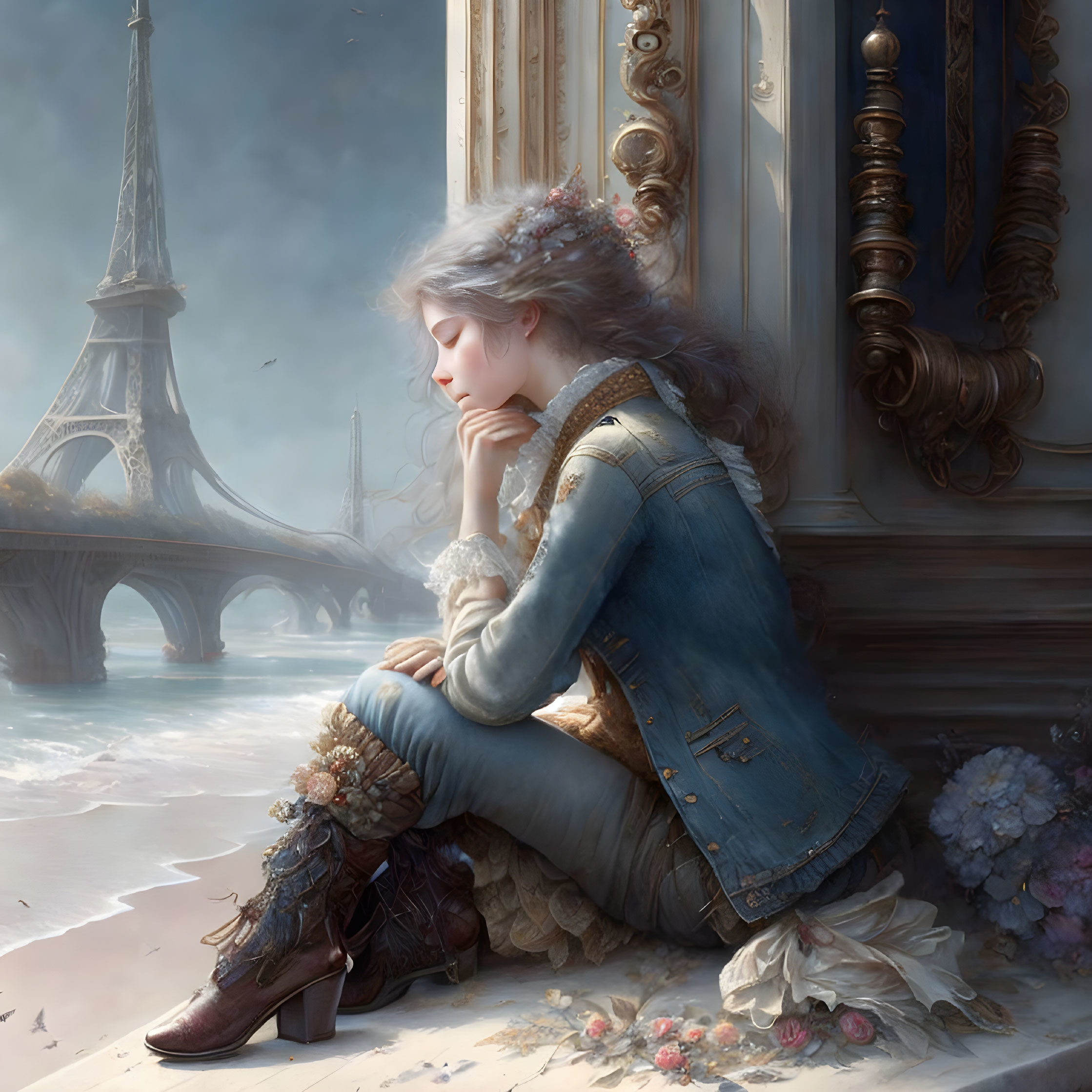 Young woman in denim jacket and ornate dress gazes out window at castle-like cityscape