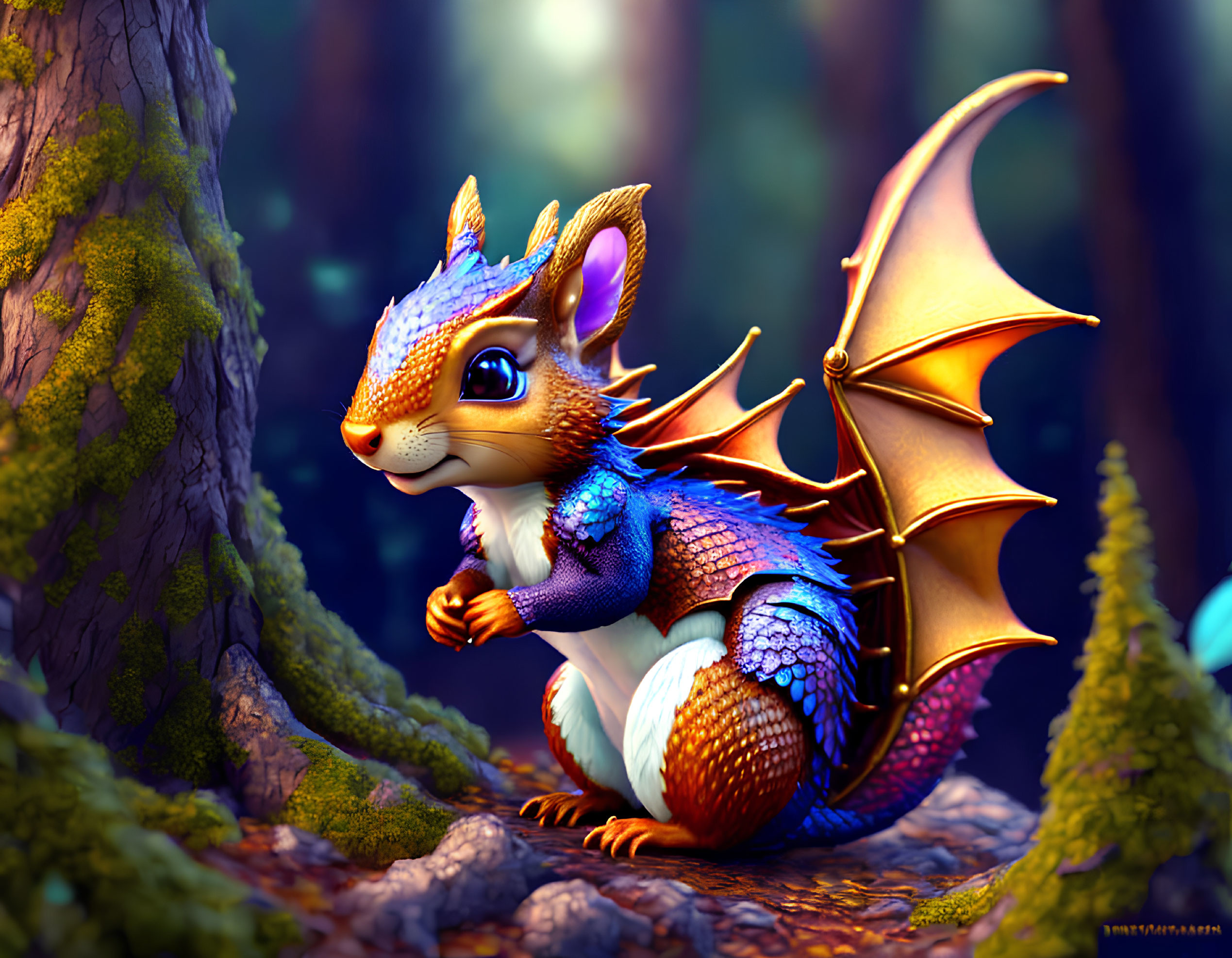 Vibrant dragon-squirrel hybrid in enchanted forest